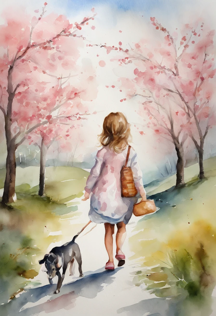 A cute girl with big eyes,The puppy is running,Blue sky and white clouds,The road is lined with beautiful cherry blossom trees,Watercolor style