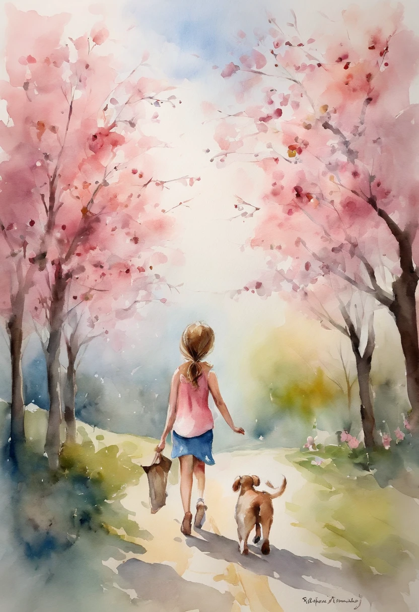 A cute girl with big eyes，The puppy is running，Blue sky and white clouds，The road is lined with beautiful cherry blossom trees，Watercolor style