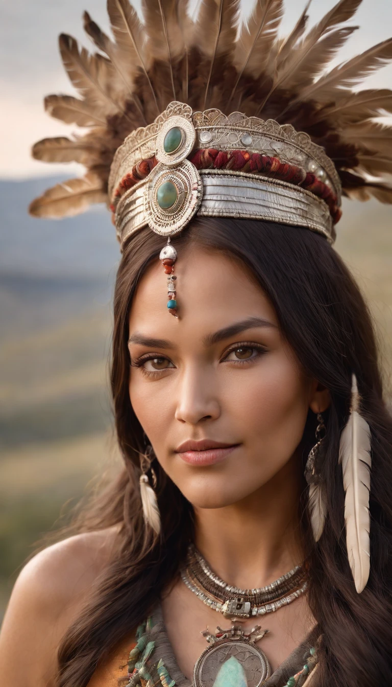 (Masterpiece, Portrait:1.2), (Capture captivating photos of Native American women's faces:1.2), (Her black hair was scattered like midnight, Composition of her features:1.1), (Her eyes are striking green, Reflecting the deep connection to the land:1.2), (The head is adorned with a meticulous Cherokee tiara:1.3), (Dressed in traditional and complex indigenous clothing，Tell the story:1.2), (Her slender figure exudes strength and elegance:1.1), (Set on a vast grassland，Overgrown with grass and wildflowers:1.1), (Nikon D850 camera, Known for capturing vibrant landscapes:1.2), (With the Nikon AF-S NIKKOR 85mm f/1.8G lens，Used to capture subtle expressions:1.2), (The sun casts a warm glow on her facial features and landscape:1.1), (Her gentle smile conveys a feeling of connection and joy:1.1), (The delicate details of the headdress symbolizing her cultural heritage:1.1), (Traditional clothing adds depth and authenticity to the photo:1.1), (The camera lens captures the intricate texture of her garments and the rich colors of her landscapes:1.1), (Her presence evokes a sense of reverence and dignity:1.1), (The steppe environment harmonizes with her indigenous roots and cultural significance:1.1), (This moment captures the proud spirit of a Native American woman in her ancestral land:1.1), (An image that resonates with tradition, identity, and the beauty of nature:1.1)), Cinematic, Hyper-detailed, insanely details, beautifully color-graded, illusory engine, degrees of freedom, Hyper-Resolution, megapixel, Cinematic lightning, Anti-aliasing, FKAA, TXAA, RTX, SSAO, post-proces, postproduction, Tone-mapping, .CGI, vfx, SFX, insanely detailed and intricate, hyper-maximalist, Ultra photo realsisim, volumetr, Photorealistic, The ultra-realistice, Ultra-detailed, Intricate details, Super detailed, Full color, Volumetric lightning, hdr, Realistic, illusory engine, 16k, Sharp focus, rendering by octane, valkyrie