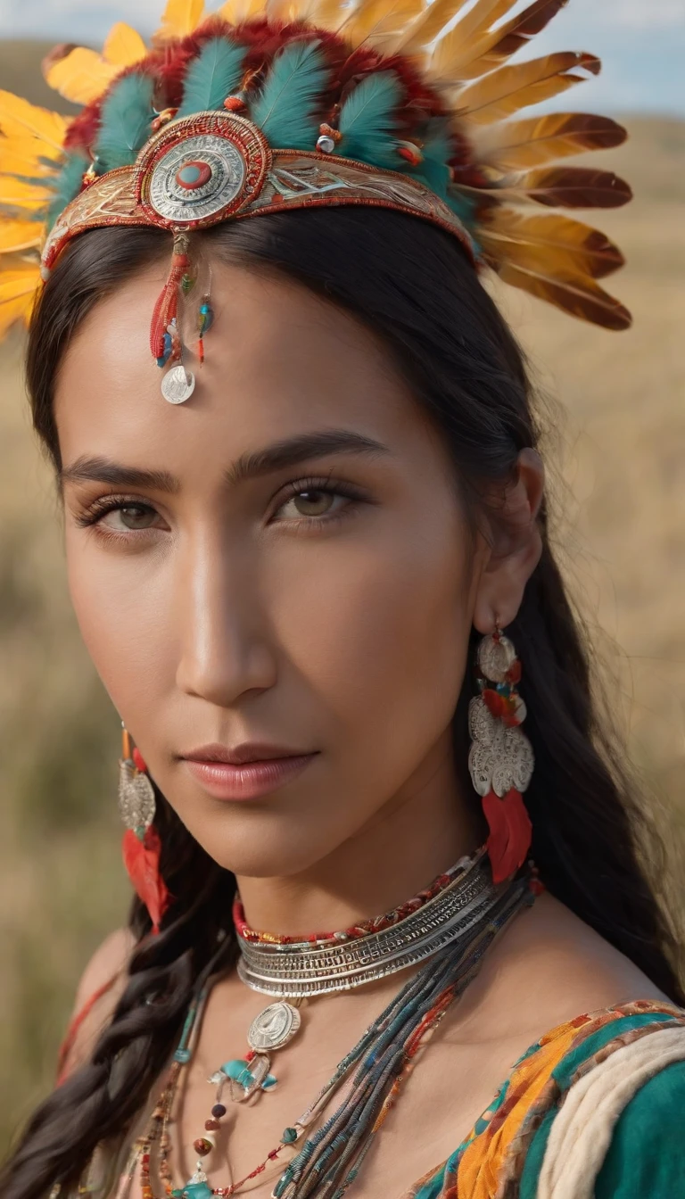 (Masterpiece, Portrait:1.2), (Capture captivating photos of Native American women's faces:1.2), (Her black hair was scattered like midnight, Composition of her features:1.1), (Her eyes are striking green, Reflecting the deep connection to the land:1.2), (The head is adorned with a meticulous Cherokee tiara:1.3), (Dressed in traditional and complex indigenous clothing,Tell the story:1.2), (Her slender figure exudes strength and elegance:1.1), (Set on a vast grassland,Overgrown with grass and wildflowers:1.1), (Nikon D850 camera, Known for capturing vibrant landscapes:1.2), (With the Nikon AF-S NIKKOR 85mm f/1.8G lens,Used to capture subtle expressions:1.2), (The sun casts a warm glow on her facial features and landscape:1.1), (Her gentle smile conveys a feeling of connection and joy:1.1), (The delicate details of the headdress symbolizing her cultural heritage:1.1), (Traditional clothing adds depth and authenticity to the photo:1.1), (The camera lens captures the intricate texture of her garments and the rich colors of her landscapes:1.1), (Her presence evokes a sense of reverence and dignity:1.1), (The steppe environment harmonizes with her indigenous roots and cultural significance:1.1), (This moment captures the proud spirit of a Native American woman in her ancestral land:1.1), (An image that resonates with tradition, identity, and the beauty of nature:1.1)), Cinematic, Hyper-detailed, insanely details, beautifully color-graded, illusory engine, degrees of freedom, Hyper-Resolution, megapixel, Cinematic lightning, Anti-aliasing, FKAA, TXAA, RTX, SSAO, post-proces, postproduction, Tone-mapping, .CGI, vfx, SFX, insanely detailed and intricate, hyper-maximalist, Ultra photo realsisim, volumetr, Photorealistic, The ultra-realistice, Ultra-detailed, Intricate details, Super detailed, Full color, Volumetric lightning, hdr, Realistic, illusory engine, 16k, Sharp focus, rendering by octane, valkyrie