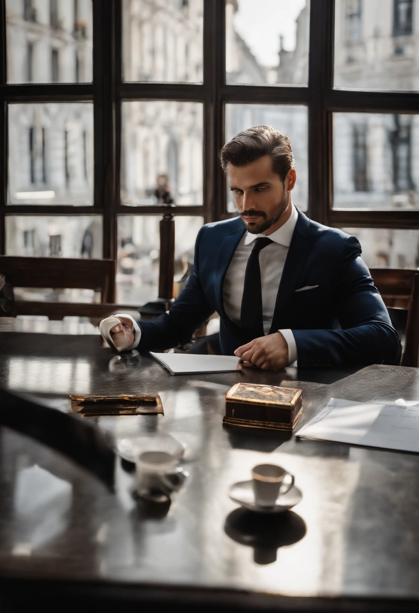 there is a man in a suit and tie sitting at a table, a picture by Daniel Lieske, reddit, renaissance, professional picture, marco bucci, christian dimitrov, ahmad merheb, george doutsiopoulos, daniel dociu, sam nassour, hasan piker, raphael personnaz, elias chatzoudis, alessandro barbucci