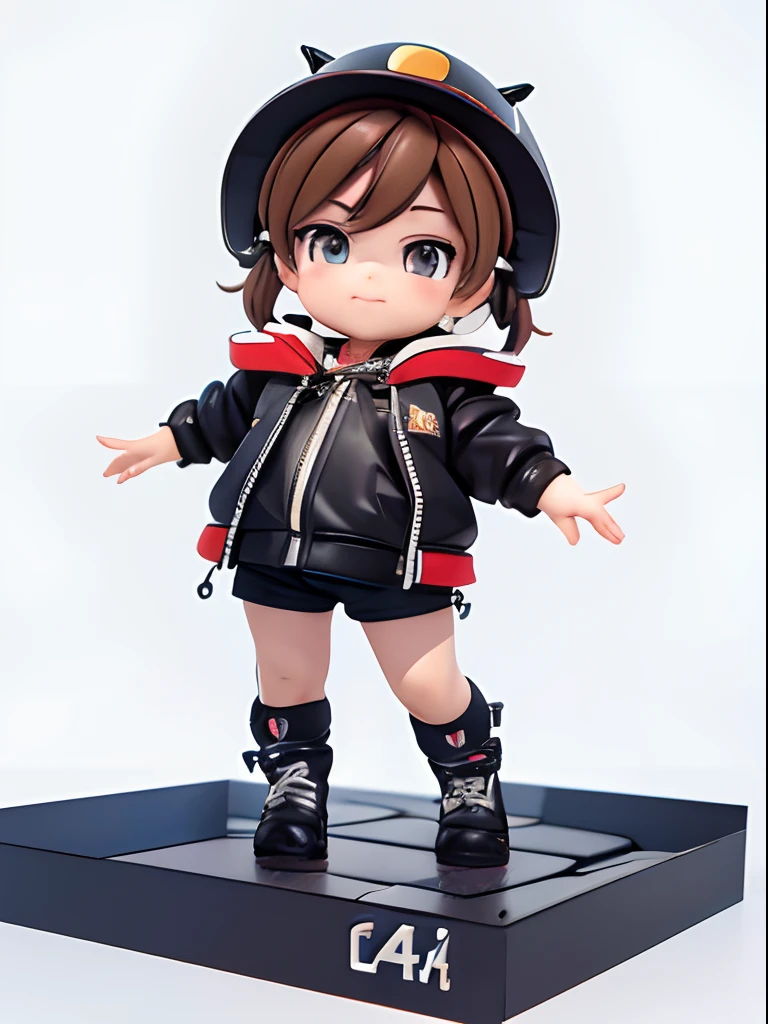 Cute double ponytail girl brown dull fur yellow beret sunglasses above beret yellow coat yellow socks black and white gray plaid skirt green sneakers D cup play skateboarding