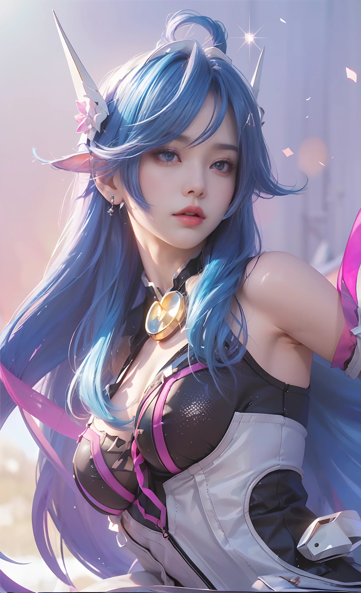 (Best Quality, 8k, 32k, Masterpiece, UHD:1.2), 1 Girl, (Tall Women), (Abs), (Lips), Closed Mouth, Realistic Rays, blue hair, blue eye, red lips