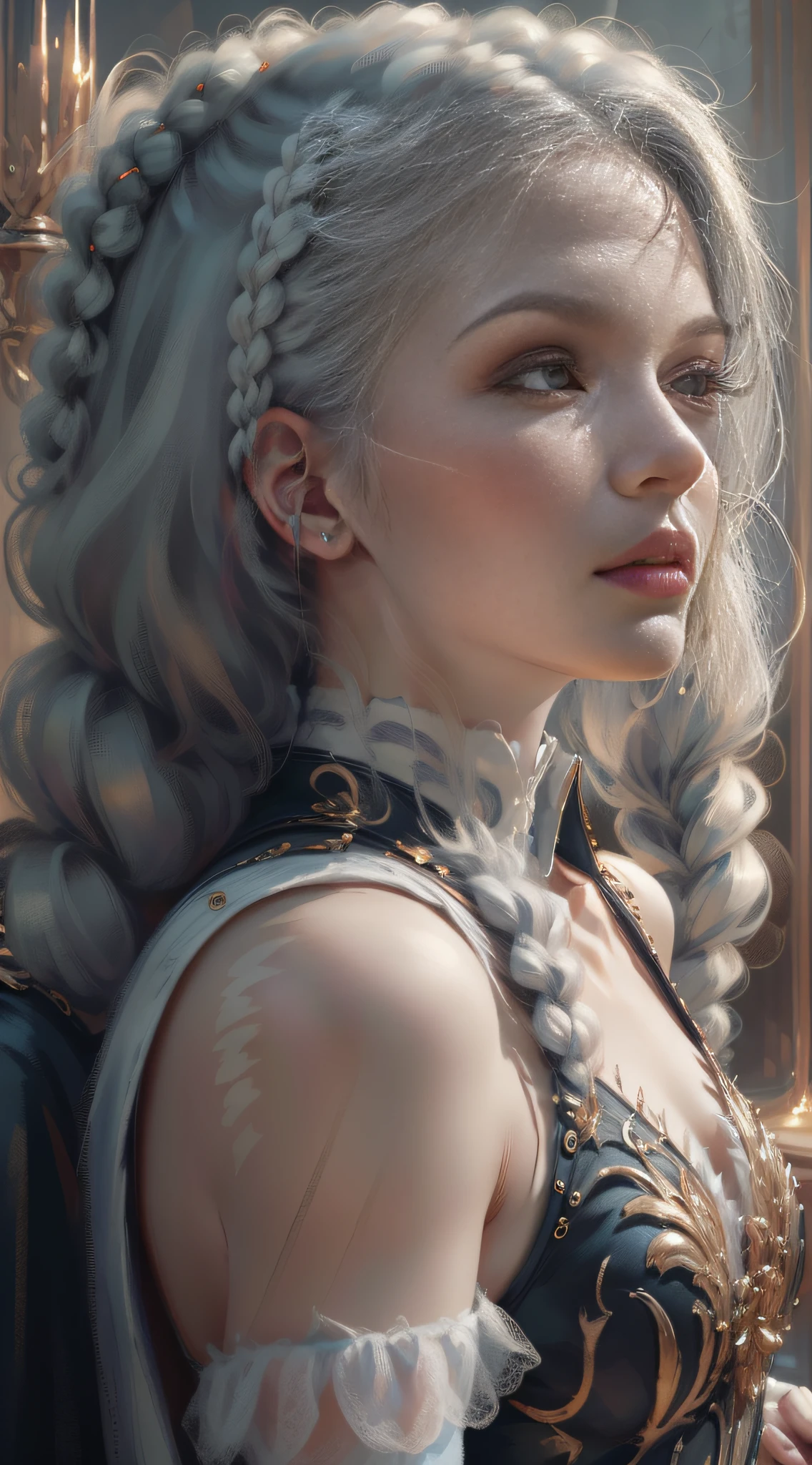 Masterpiece, Highest quality, solofocus, (High detail:1.1),Dramatic, 1人, (Pale skin), Long braids, white hair, Solo, long whitr hair, White luxury dress, stocklings ,high-heels, Detailed background, Art by Artgerm and Greg Rutkowski, Gothic Renaissance, Cinematic lighting,