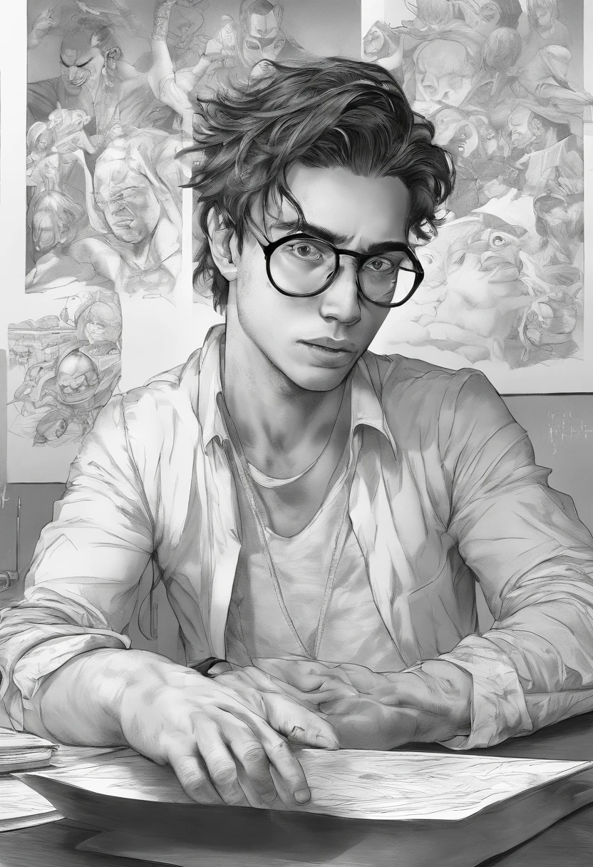 One young man, dressed in minimal casual attire, has an A4 copy paper spread out in front of his laptop and is drawing an image. Beside him, an AI spirit is cheering him on; the AI spirit is composed of white light particles, drifting around the man.