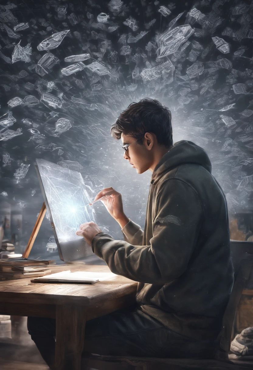 One young man, dressed in minimal casual attire, has an A4 copy paper spread out in front of his laptop and is drawing an image. Beside him, an AI spirit is cheering him on; the AI spirit is composed of white light particles, drifting around the man.