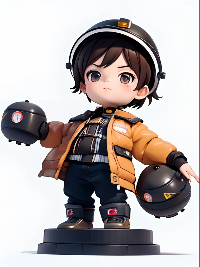 Characters:  boy, short brown hair, black eyes, wearing a helmet with a mechanical style jacket with gears and brown boots, different angles, different perspectives, Miraculous Ladybug style, Character Sheet, white background -- 3:2, Character Styling，POP MART'S SUPER CUTE LITTLE BOY IP， A chubby face, Chinese style, full body, Clean background, Studio light, hyper-detailing,3D, c4dblender, OC renderer, Ultra HD, 3D render, model, a blind box toy, Smooth and delicate, Clean background，3D render, Extreme detail, 8K, Extreme clarity, High sharpening, Ray tracing, particle fx, Studio lighting, The Rembrandt effect, HD quality, High-definition color contrast