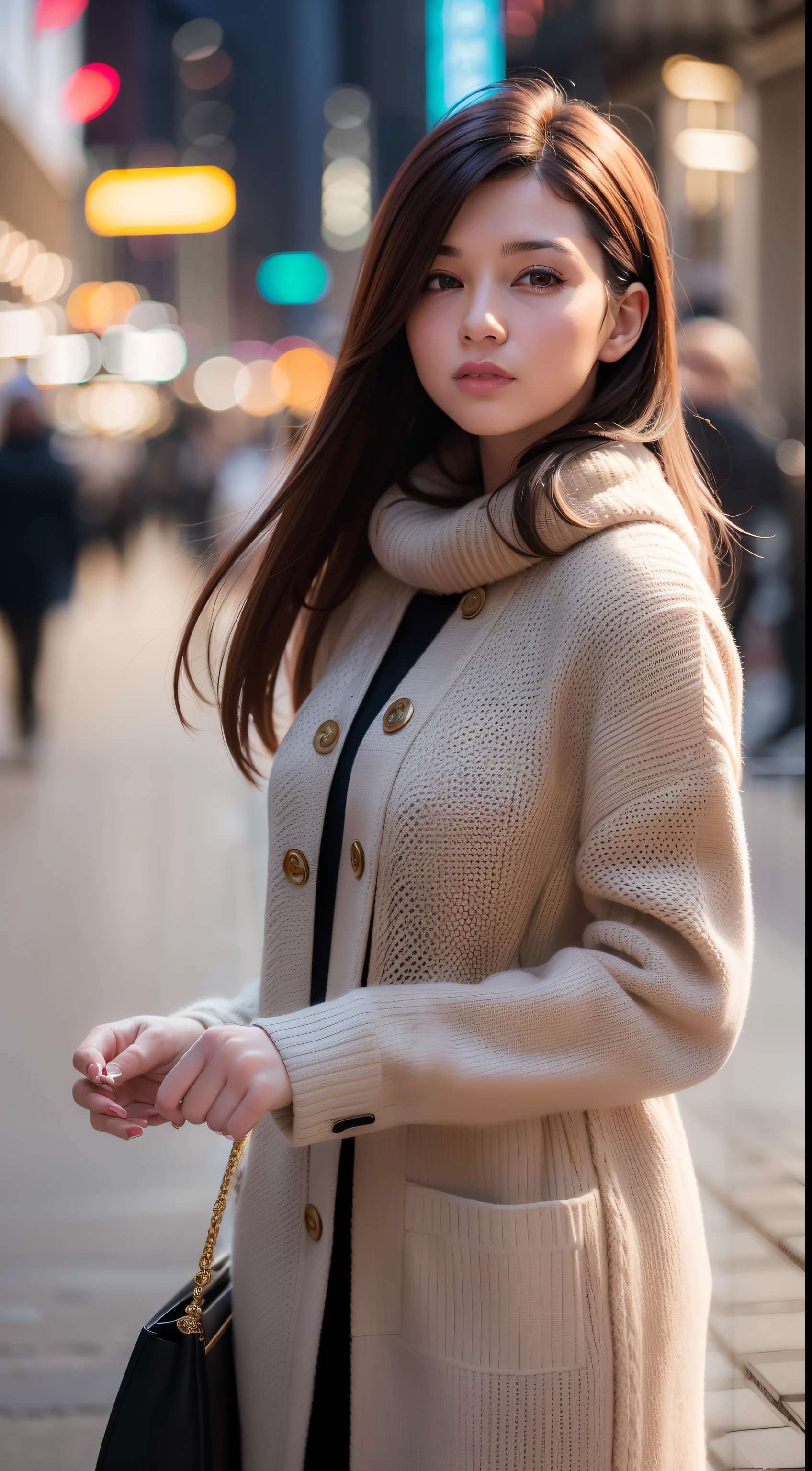 A beautiful woman walking through a crowded street in winter, close up shot, wearing winter clothes, long brown hair, cinematic, volumetric lighting, high quality, 8k, super details, realistic