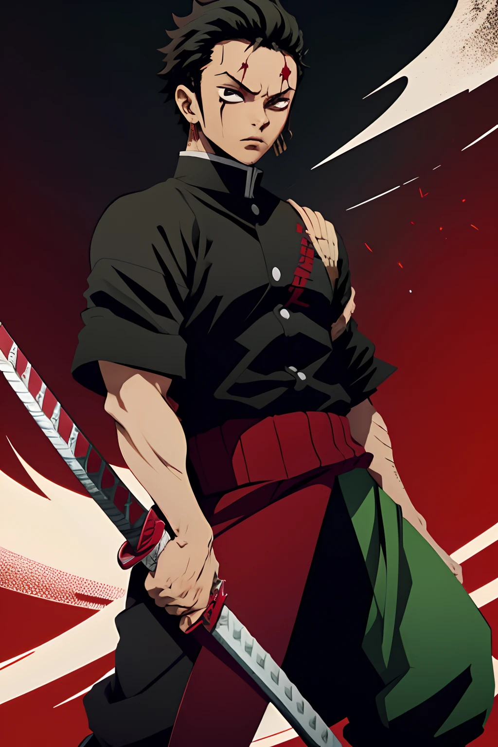black hair, black young man, uniforme demon slayer, red sword, defined, black man, young, man, zoro hairstyle, bleach pose, seriously injured, blood