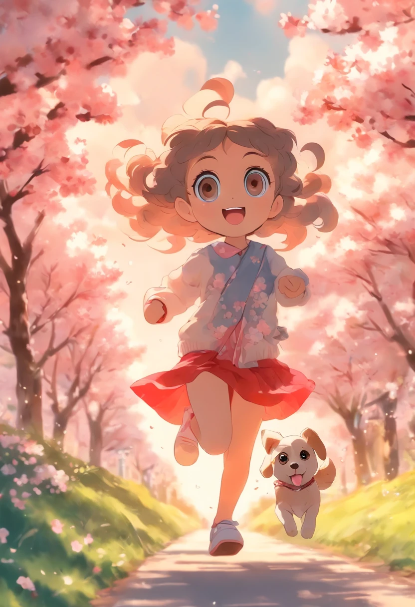 A cute girl with big eyes,The puppy is running,Blue sky and white clouds,The road is lined with beautiful cherry blossom trees,WaterColor style