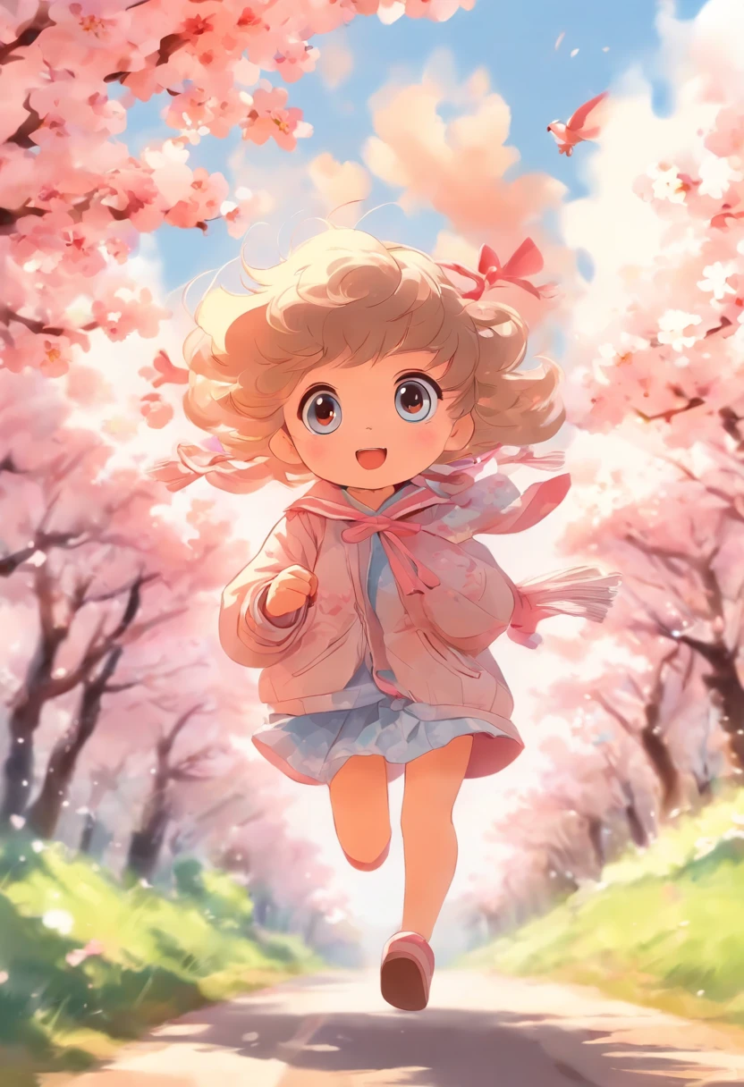 A cute girl with big eyes,The puppy is running,Blue sky and white clouds,The road is lined with beautiful cherry blossom trees,WaterColor style