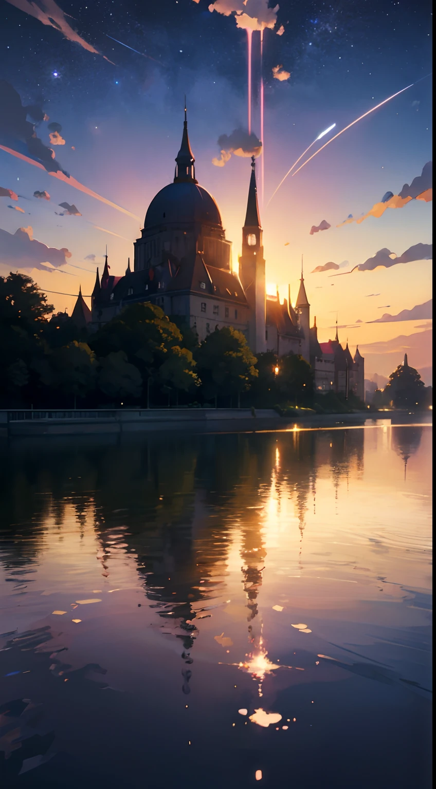 Obra-prima de alta qualidade, paisagem, anime train passing through bodies of water on tracks, bright red starry sky. Romantic train, pixiv, arte conceitual, estilo de arte lofi, reflection. por Makoto Shinkai, arte lofi, cena de anime bonita, paisagem de anime, detailed scenery - width 672, em estilo de Makoto shinkai, estilo de Makoto shinkai, detalhes aprimorados.