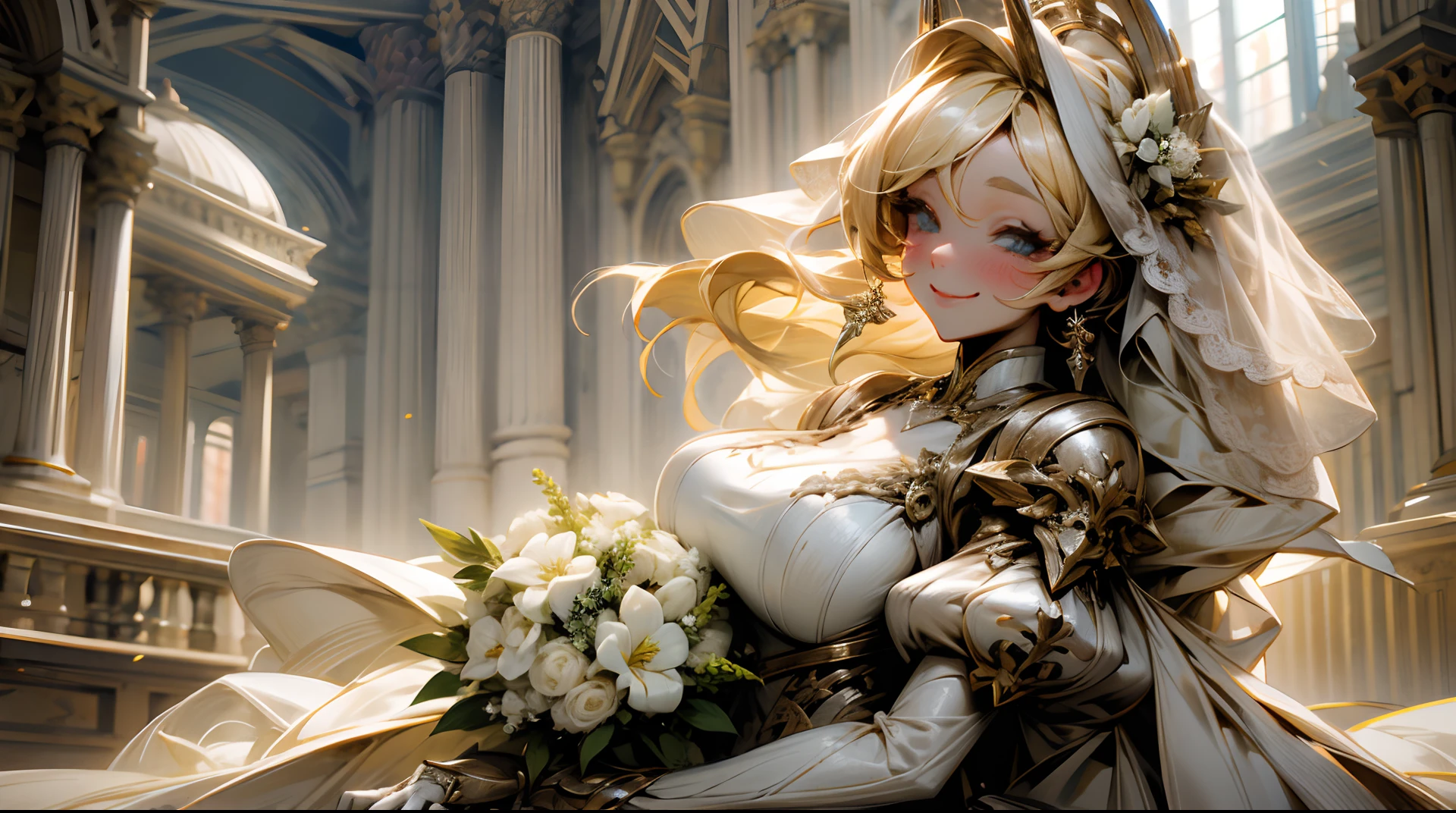 Bride with bouquet, beautiful woman, huge breasts, smile, blond hair,
