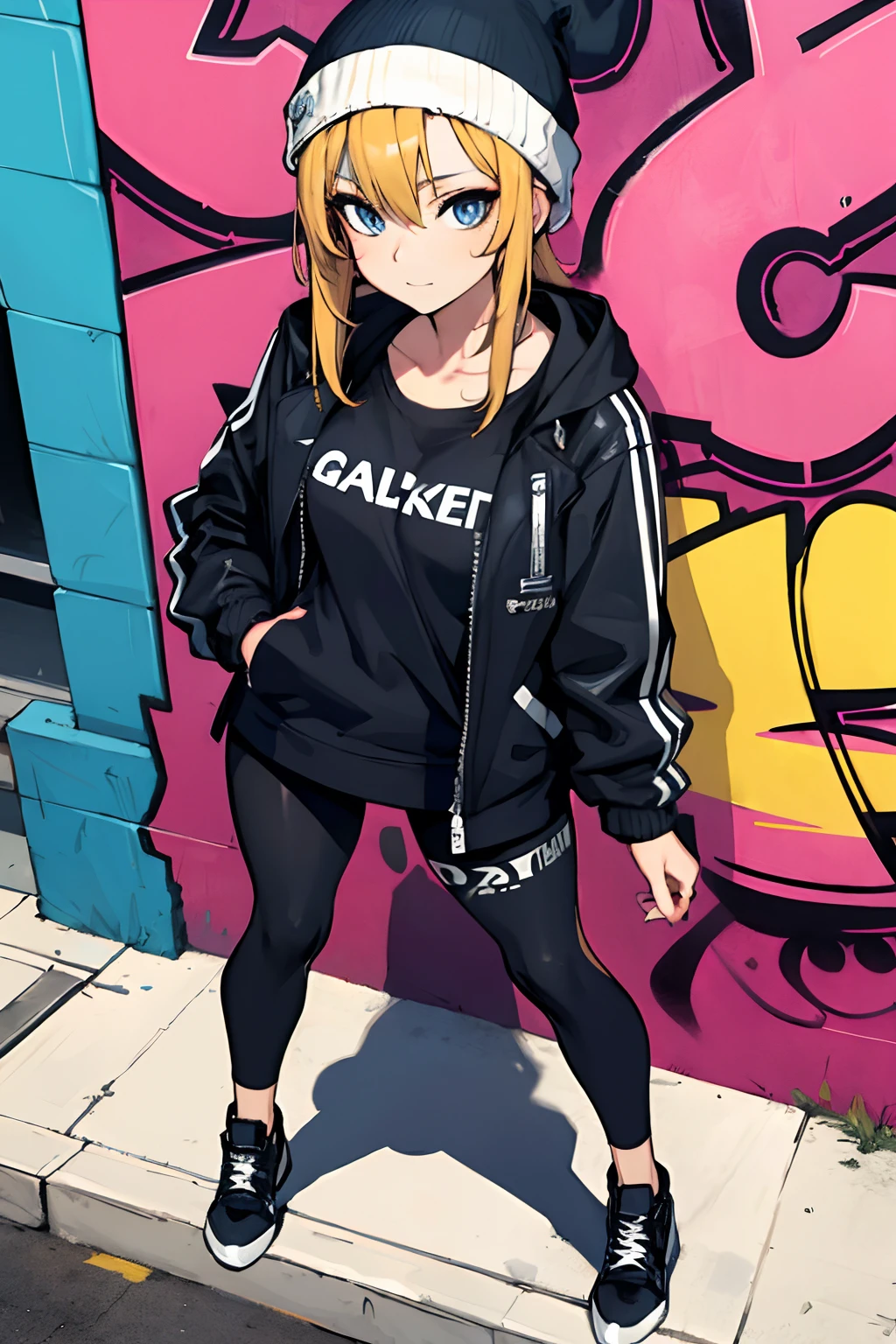 (masterpiece:1.2, best quality), (graffiti wall:1.15), 1lady, beanie, jacket, Leggings, blue eyes, fullbody,
