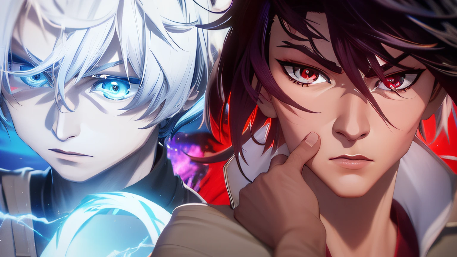 Anime characters with red eyes and black hair are facing each other, Epic anime style, digital advanced anime art ", Torre de Deus, anime and manga style, arte de anime digital!!, l · Lawliet, estilo anime 4K, Estilo de arte ufotable, em estilo de cytus e deemo, 4 k manga wallpaper, arte de anime digital detalhada, 8k!