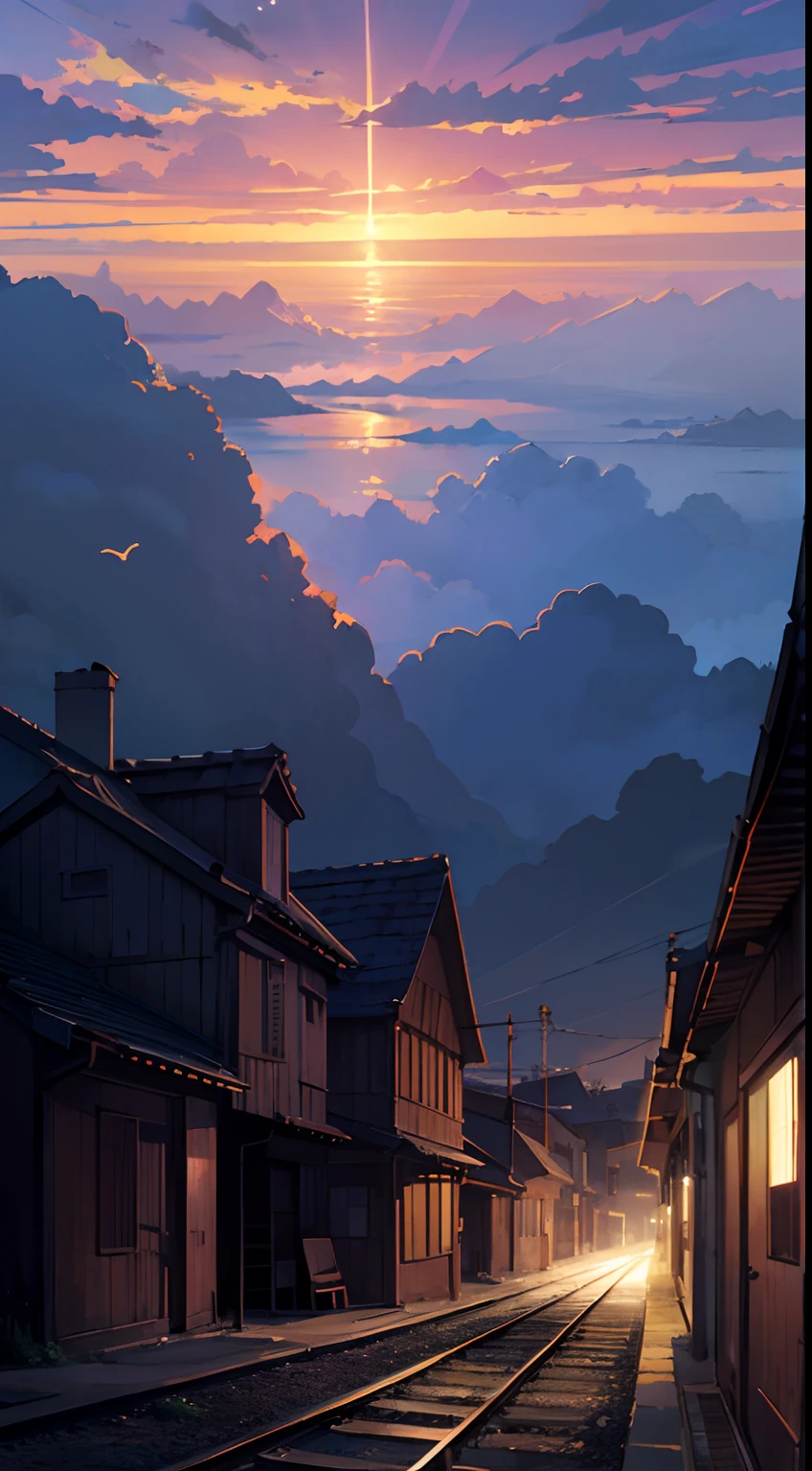 Obra-prima de alta qualidade, paisagem, anime train passing through bodies of water on tracks, bright red starry sky. Romantic train, pixiv, arte conceitual, estilo de arte lofi, reflection. por Makoto Shinkai, arte lofi, cena de anime bonita, paisagem de anime, detailed scenery - width 672, em estilo de Makoto shinkai, estilo de Makoto shinkai, detalhes aprimorados.