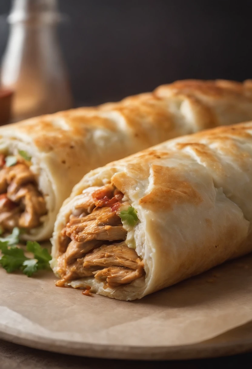 A Mexican chicken roll，Broken into pieces，Juicy，delicacy，thermography，promo photo，Complicated details，hdr，cinematic ligh，adobe lightroom，The is very detailed