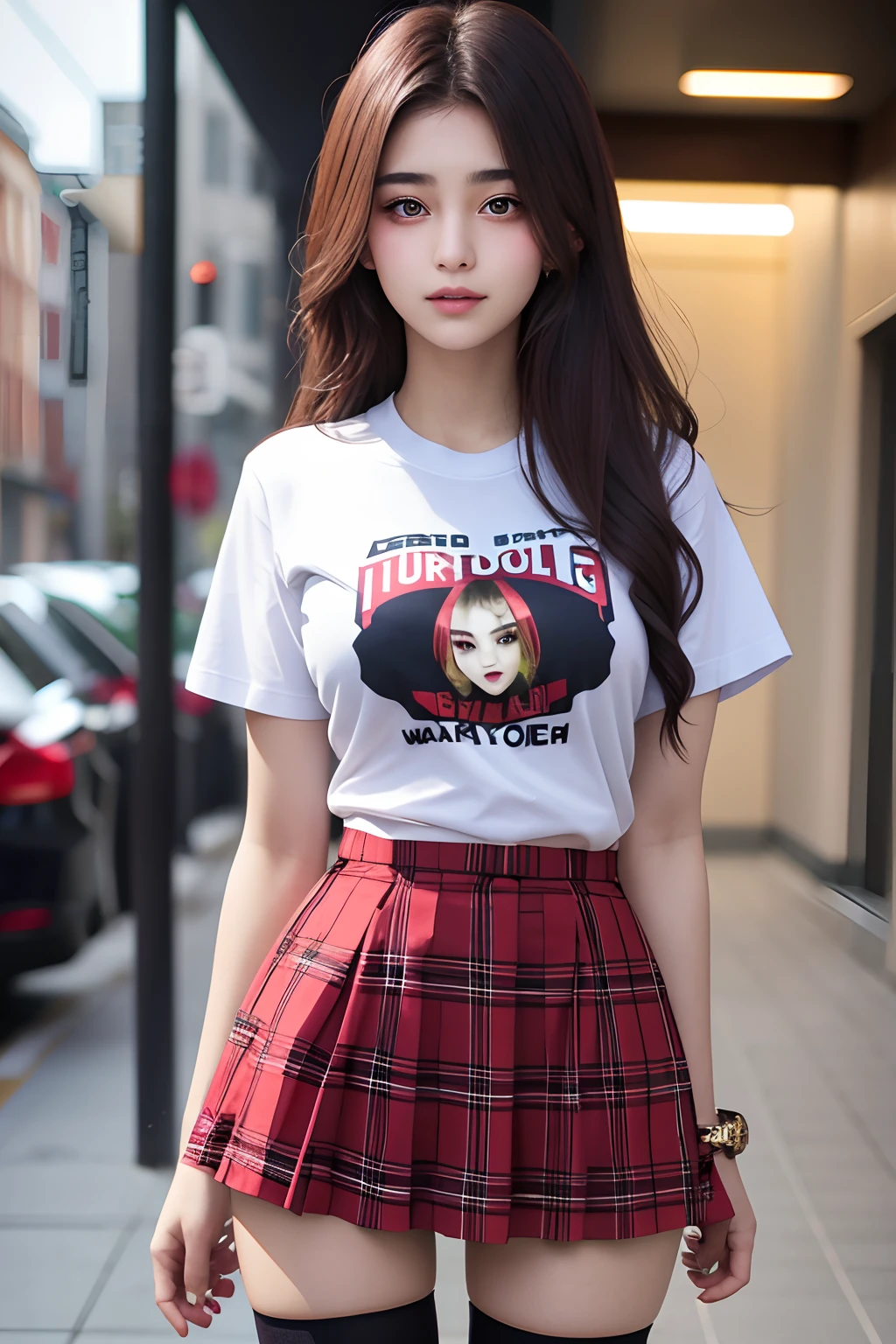 a beautiful yo Turki woman, tshirt, High waist short plaid skirt , thighhighs