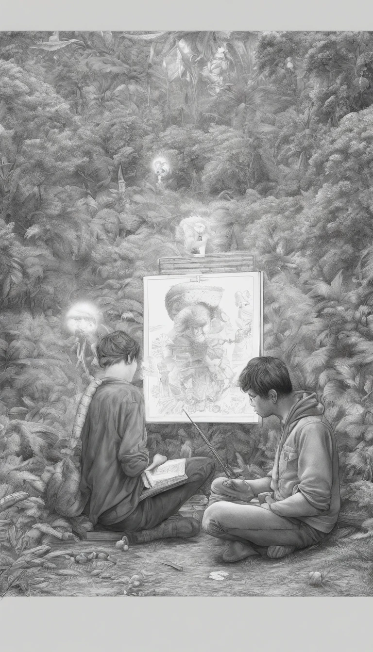 One young man, dressed in minimal casual attire, has an A4 copy paper spread out in front of his laptop and is drawing an image. Beside him, an AI spirit is cheering him on; the AI spirit is composed of white light particles, drifting around the man.