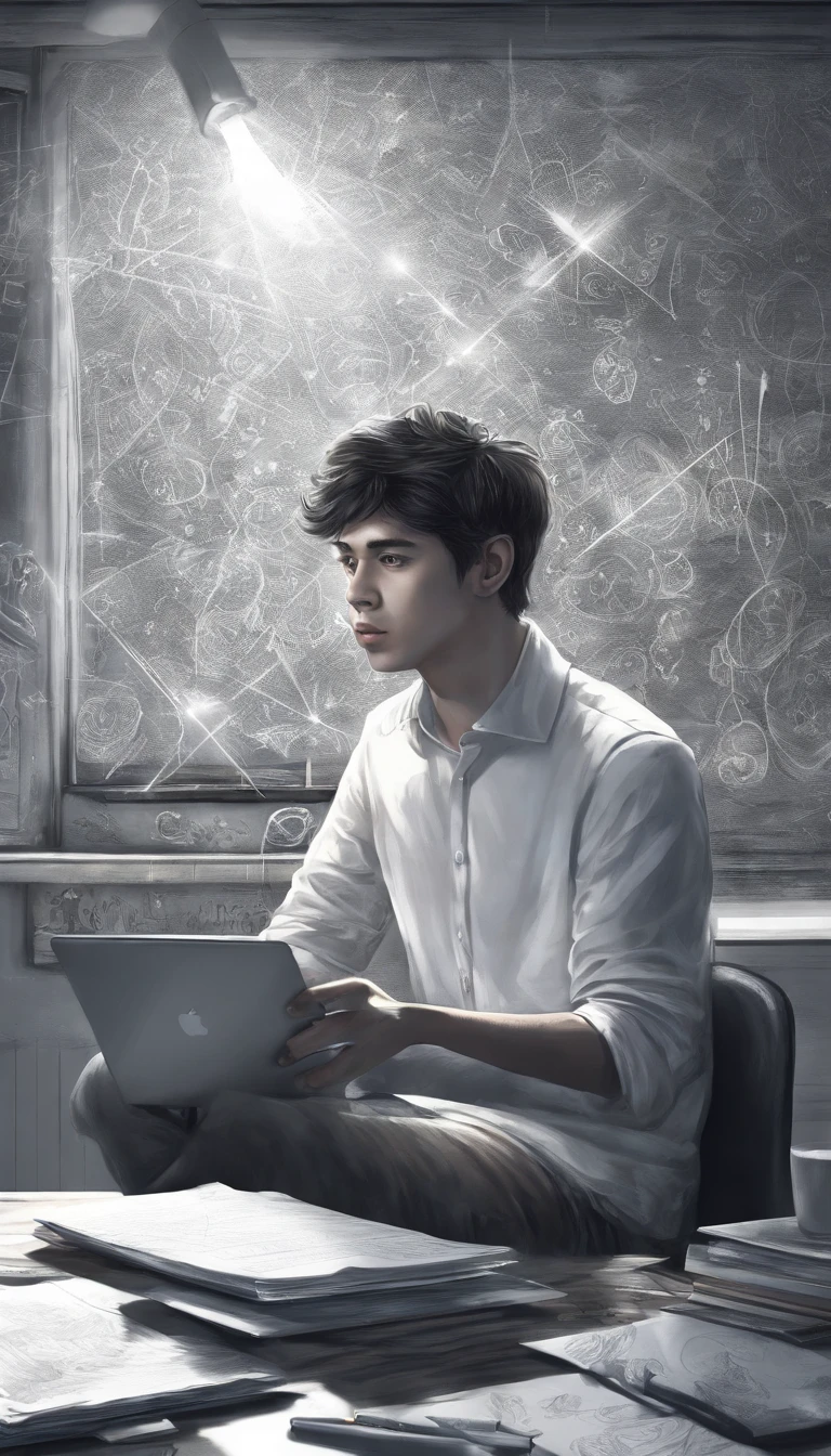 One young man, dressed in minimal casual attire, has an A4 copy paper spread out in front of his laptop and is drawing an image. Beside him, an AI spirit is cheering him on; the AI spirit is composed of white light particles, drifting around the man.