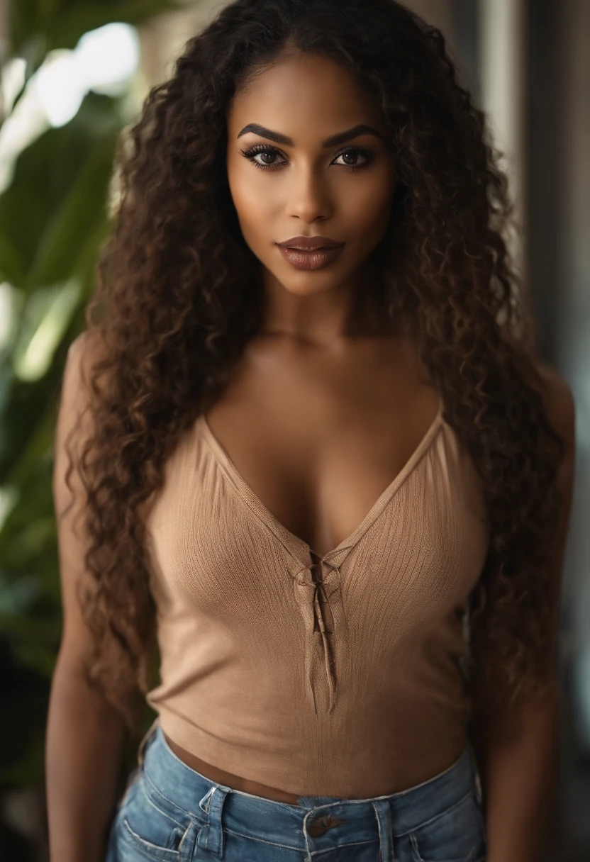 Mulher bonita, brown skin and long braid hair, roupa casual e sexy, olhos castanhos e corpo mediano, bonita linda e sensual de corpo inteiro dentro de uma sala de estar, cute feet