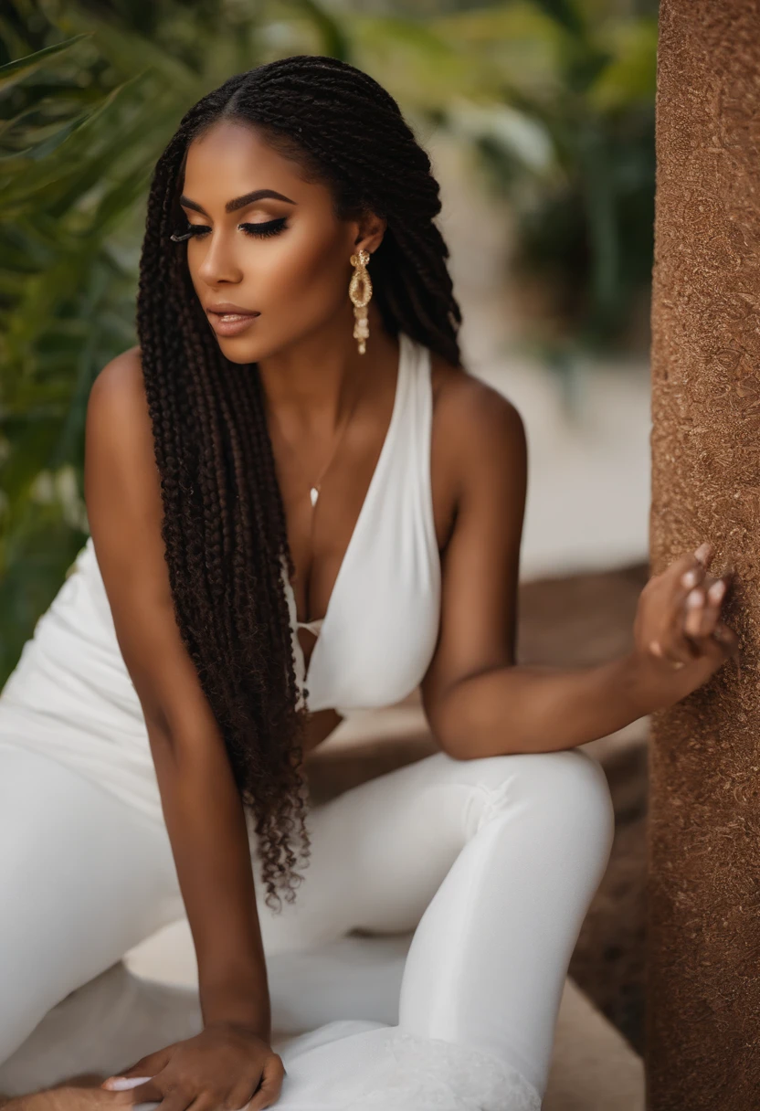 Mulher bonita, brown skin and long braid hair, roupa casual e sexy, olhos castanhos e corpo mediano, bonita linda e sensual de corpo inteiro dentro de uma sala de estar, cute feet