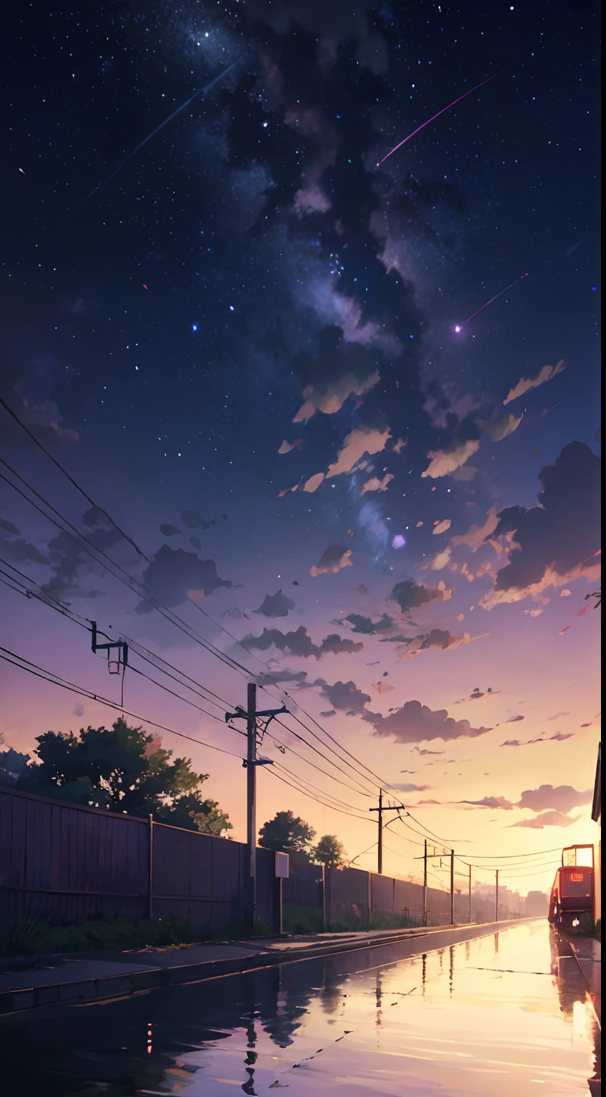 Obra-prima de alta qualidade, paisagem, anime train passing through bodies of water on tracks, bright red starry sky. Romantic train, pixiv, arte conceitual, estilo de arte lofi, reflection. por Makoto Shinkai, arte lofi, cena de anime bonita, paisagem de anime, detailed scenery - width 672, em estilo de Makoto shinkai, estilo de Makoto shinkai, detalhes aprimorados.