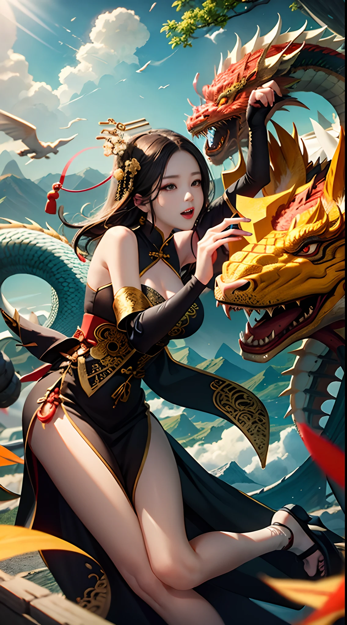 masterpiece, best quality, making friends with the Chinese dragon, fun, happy, bright, loong,