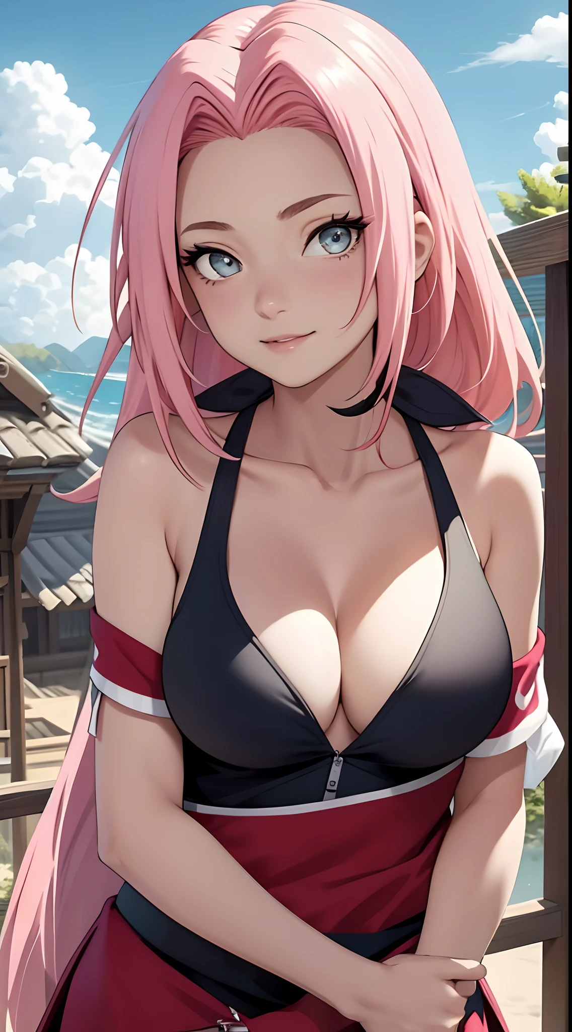 tmasterpiece, Best quality at best, 1girll,Solo, Sakura Haruno, Large breasts,Off-the-shoulder attire,(cleavage),(upperbody closeup),Raised sexy,is shy,with pink hair, long whitr hair, (greene eyes:1.3), Forehead protection, ssmile, blue-sky, Clouds, Hidden village,barechested