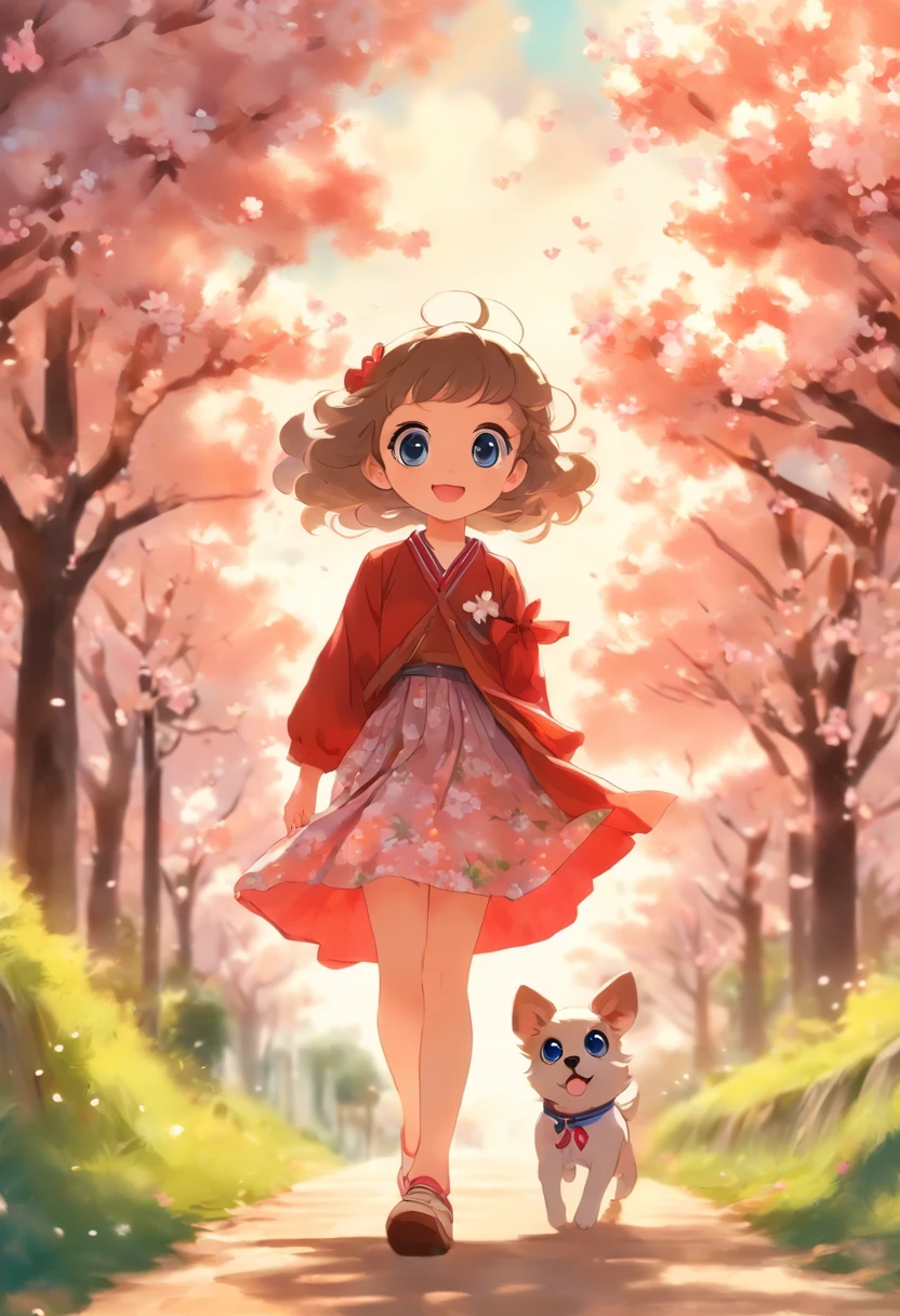 A cute girl with big eyes,Long skirt,The puppy is running,Blue sky and white clouds,The road is lined with beautiful cherry blossom trees,WaterColor style