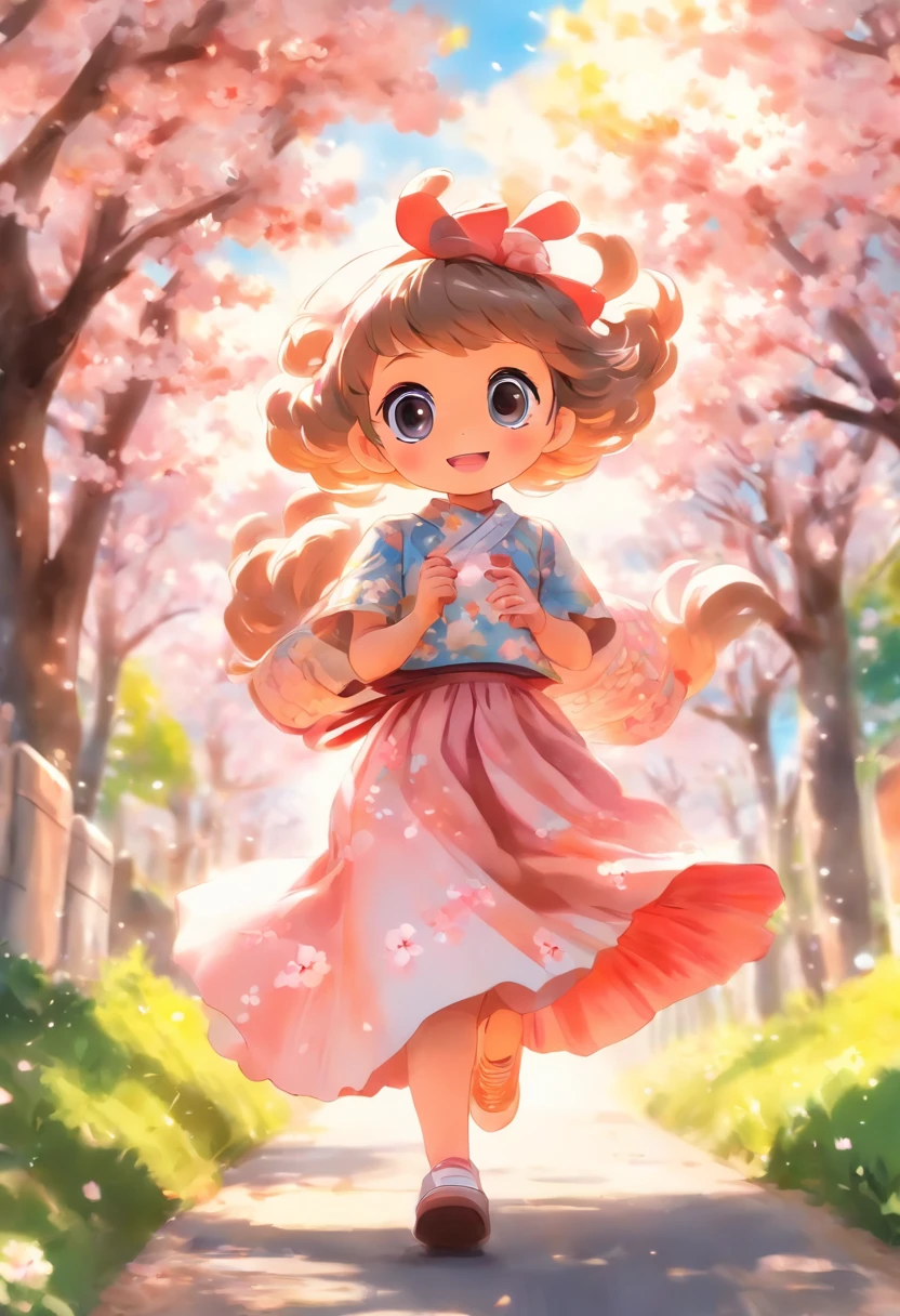A cute girl with big eyes，Long skirt，The puppy is running，Blue sky and white clouds，The road is lined with beautiful cherry blossom trees，WaterColor style