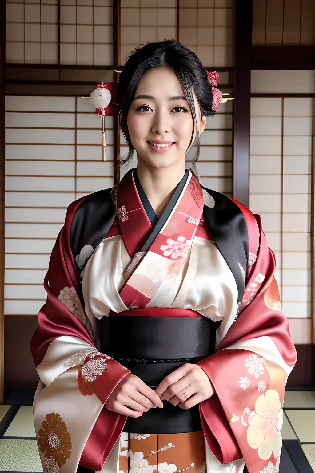 unparalleled masterpiece ever, Ultra realistic 8K CG, Perfect Artwork, 1girl in, Beautuful Women、Beautiful posture、Happiness、Blissful、kindly smile、rikka、Fulfillment、Realistic texture、large full breasts、Slim waist, Princess, Elegant、hali々and has、Looking at Viewer, ((Perfect female figure)), Black hair, Black eyes, enticing, clean, Beautiful face, Pure face, pale skin, length hair, Skindentation,Clean hair ornament、hairpin、Wearing tabi boots、(Rich:1.5), (Highly detailed 8K Japan kimono and silk long garments and dresses:1.5), (Expensive kimono、Delicate pattern, intricate detailes), The background is a samurai residence in the Edo period、blur backgroun、