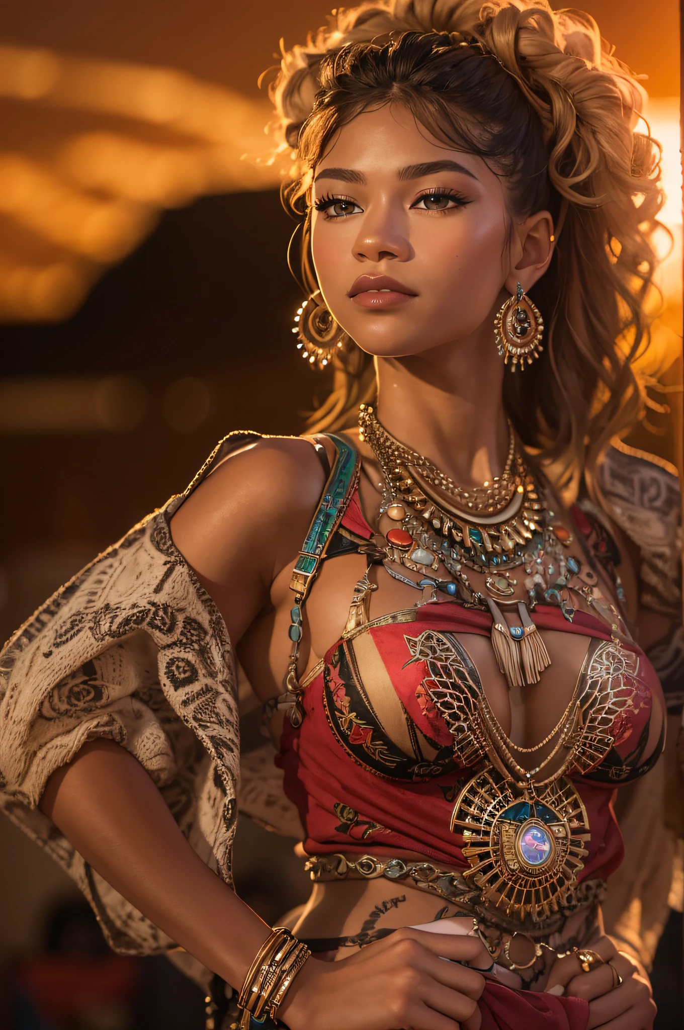 Zendaya is a beautiful woman. gigantic bosom. In ragged clothing called in Aztec jewelry on. sunset behind her. Dramatic lighting. Photographed on Sony a7 iv. 12k ultra HD