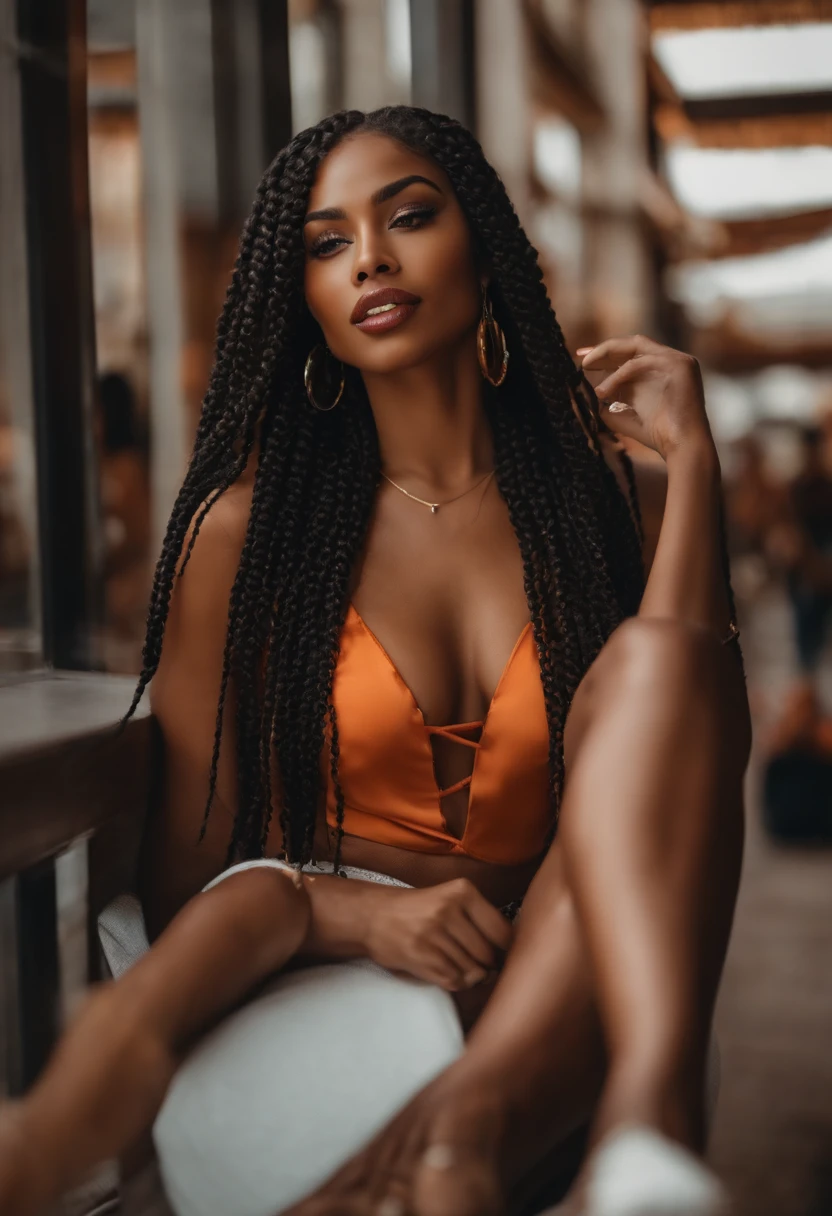 mulher bonita, brown skin and long braided hair, roupa casual e sexy, olhos castanhos e corpo mediano, bonita linda e sensual de corpo inteiro, Beautiful feet and a lollipop in the mouth