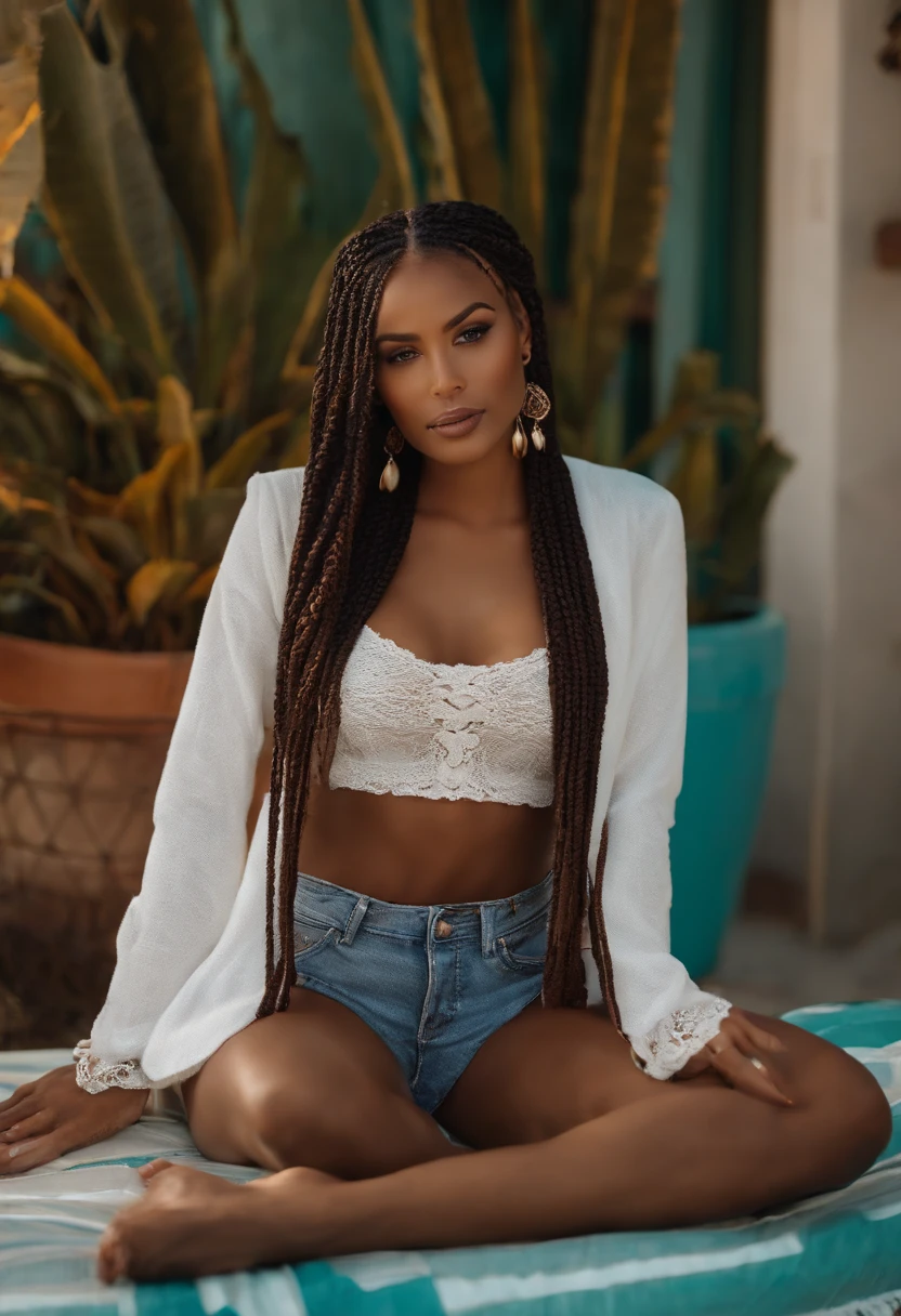 mulher bonita, brown skin and long braided hair, roupa casual e sexy, olhos castanhos e corpo mediano, bonita linda e sensual de corpo inteiro dentro de uma sala de estar, Cute feet, fazendo cara de mau e sensual