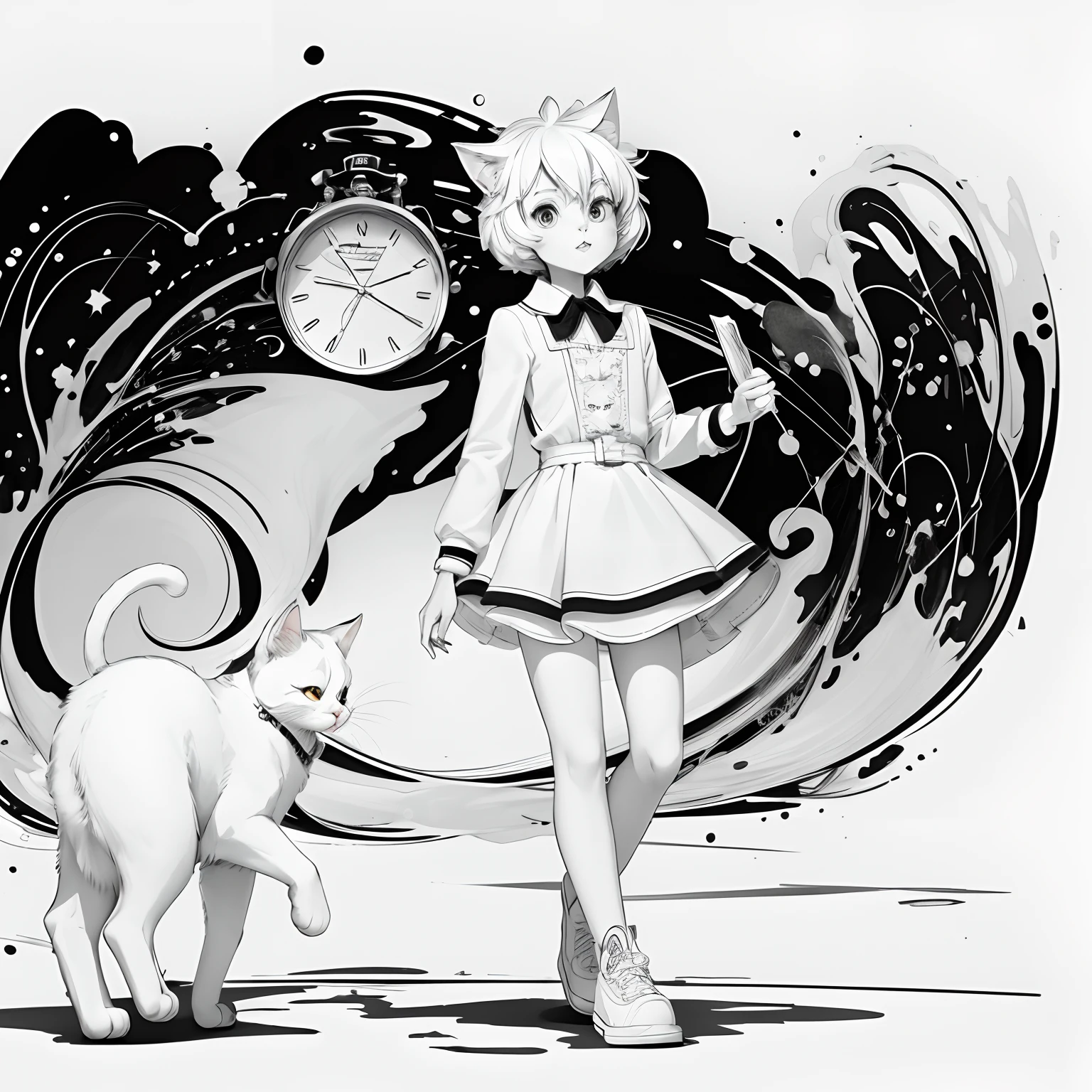 black and white coloring book image outline art of a white cartoon cat look at his watch, walking down the street on a sunny day, outline coloring book page, 4k resolution, professional level art, white, children's style, white background, whole body, sketch style, full body ((white background)), only outlines used, cartoon style, lines, coloring book, clean lines, background. White, Sketch style