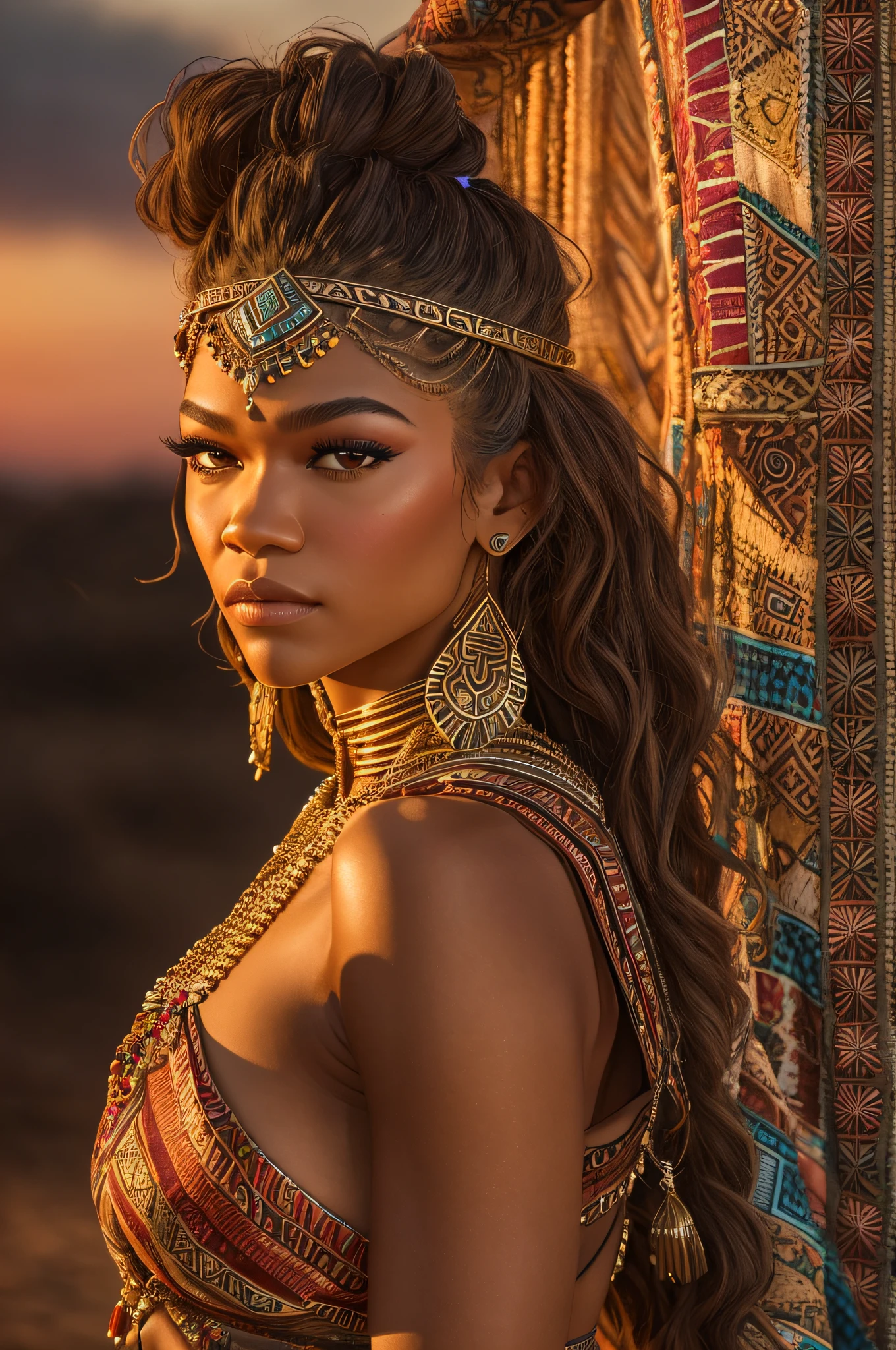 Zendaya is a beautiful naked woman. gigantic breasts. In ragged clothing called in Aztec jewelry on. sunset behind her. Dramatic lighting. Photographed on Sony a7 iv. 12k ultra HD