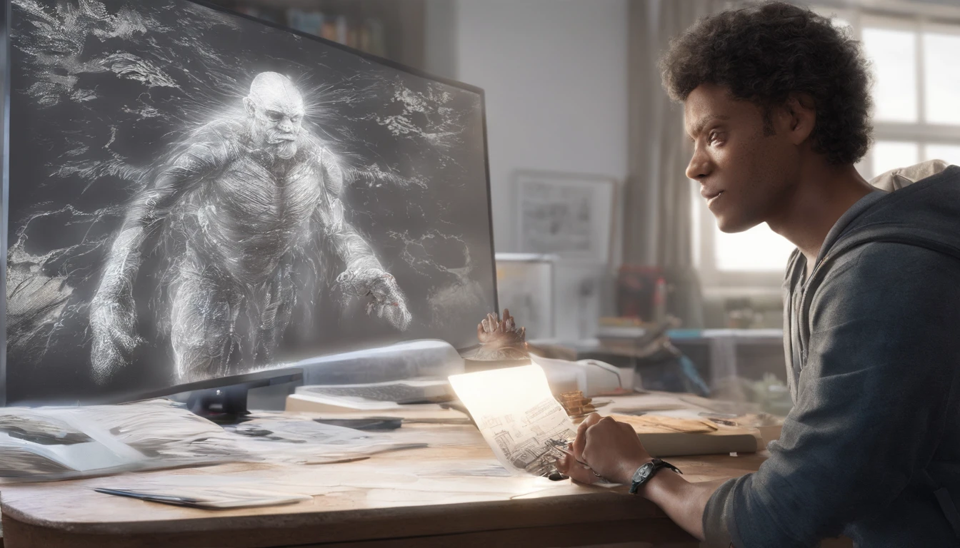 One young man, dressed in minimal casual attire, has an A4 copy paper spread out in front of his laptop and is drawing an image. Beside him, an AI spirit is cheering him on; the AI spirit is composed of white light particles, drifting around the man.