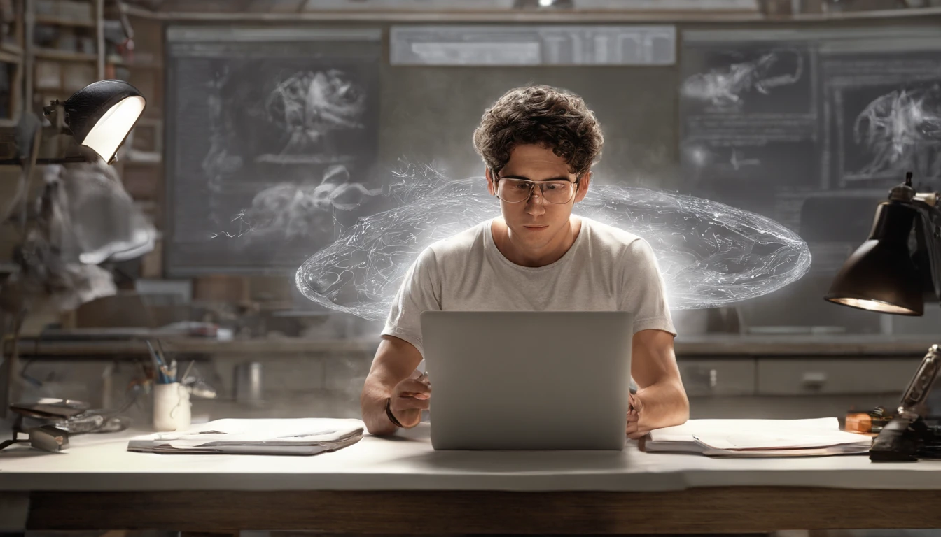 One young man, dressed in minimal casual attire, has an A4 copy paper spread out in front of his laptop and is drawing an image. Beside him, an AI spirit is cheering him on; the AI spirit is composed of white light particles, drifting around the man.