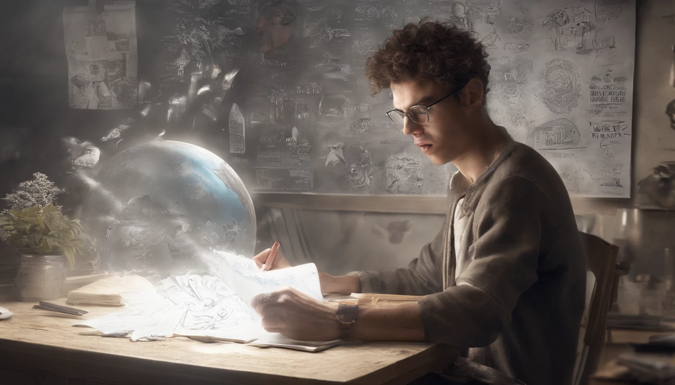 One young man, dressed in minimal casual attire, has an A4 copy paper spread out in front of his laptop and is drawing an image. Beside him, an AI spirit is cheering him on; the AI spirit is composed of white light particles, drifting around the man.