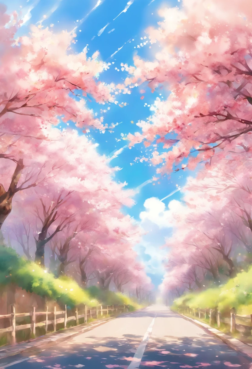 Blue sky and white clouds,The road is lined with beautiful cherry blossom trees,WaterColor style