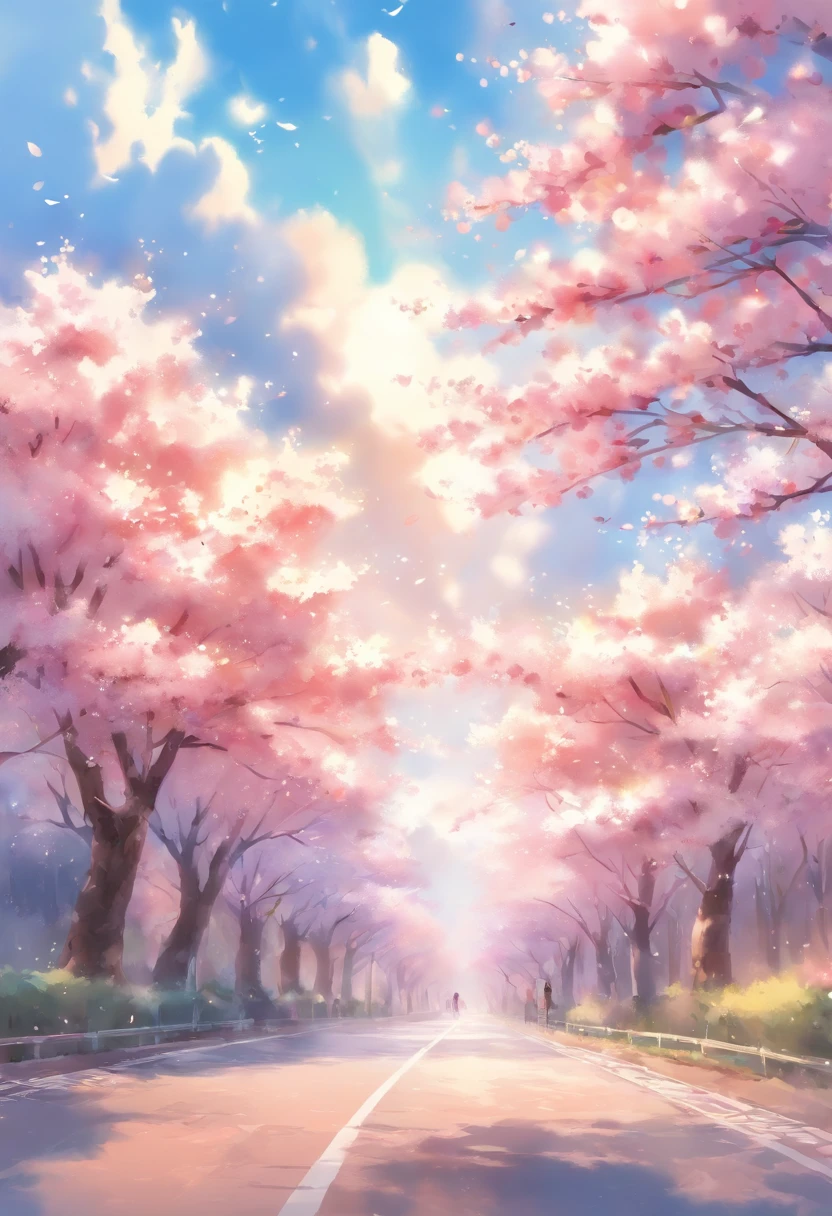 Blue sky and white clouds，The road is lined with beautiful cherry blossom trees，WaterColor style