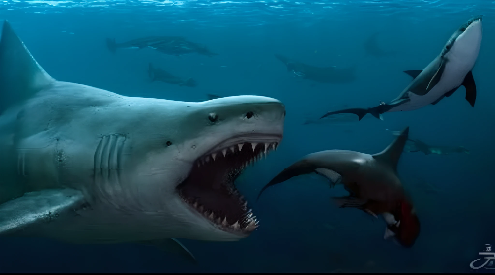 There are two sharks swimming in the ocean with a man in the background, Megalodon, lindo e aterrorizante, aterrador!!!, aterrorizante, mas fascinante, monstro marinho assustador, bloop da criatura gigante do oceano, paleoartee realista, Realistic!!, A shark, monstros baleia, criatura enorme, paleoarte, Realistic!!!, ultra realistic!!!, anthropomorphic shark