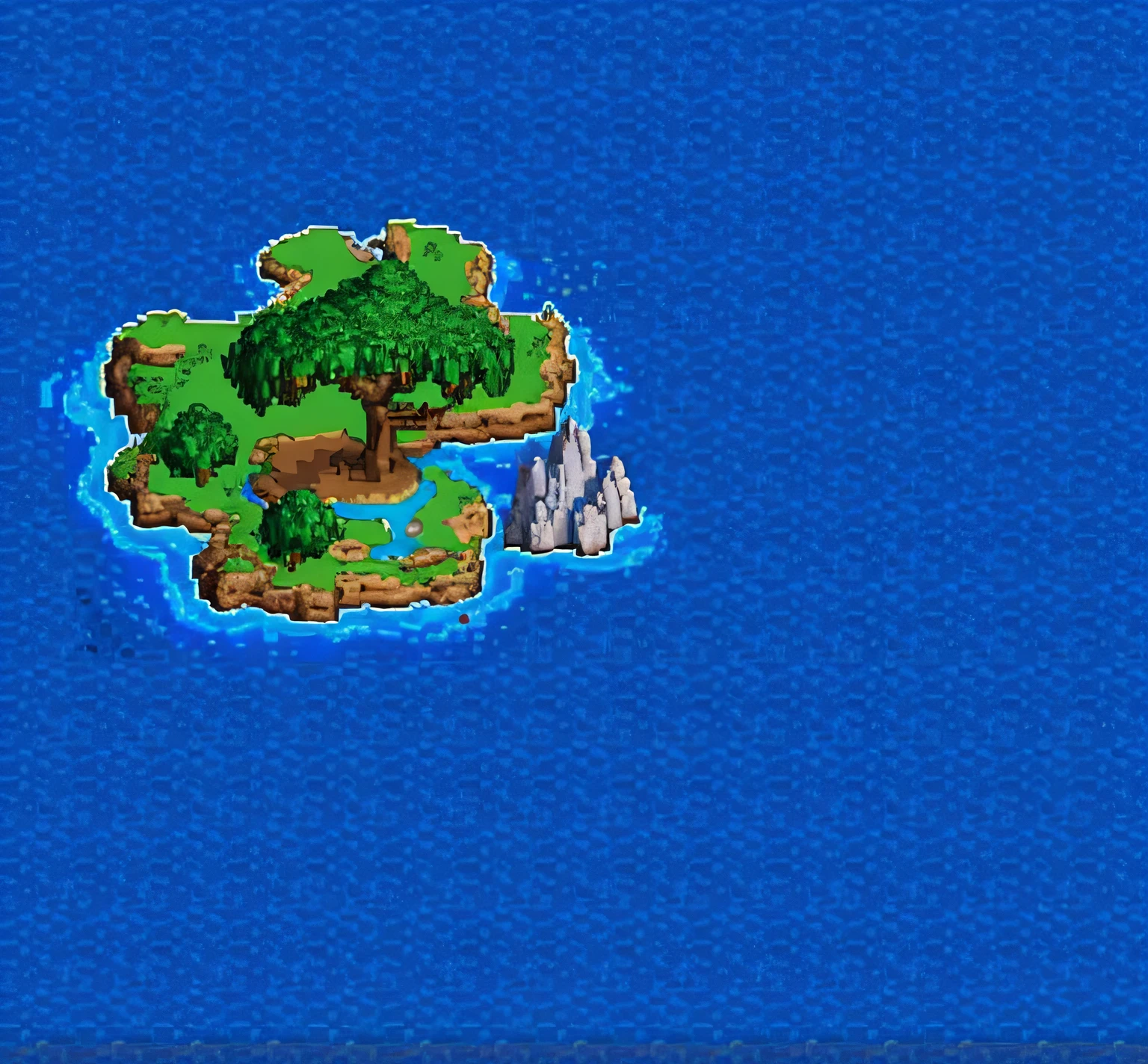 a small island with a tree on it in the middle of a blue ocean, Dragon Quest II world concept, island in the background, made in rpg maker, island with cave, one small sized island, island in a blue sea, a ship on a deserted island, island background, scattered islands, 16bit dot art,
