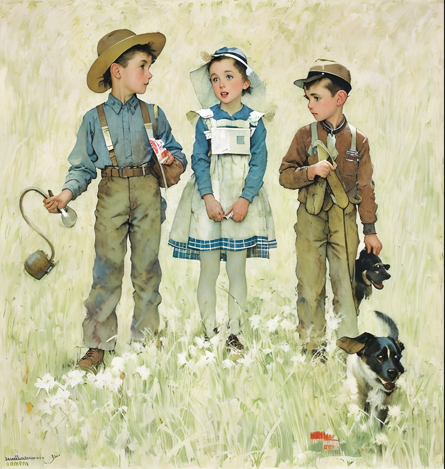 Painting of three children and a dog standing in a field, Norman Rockwell. circunstanciado, Norman Rockwell J, Andnorman Rockwell, Rockwell normal, Estilo de arte de Norman Rockwell, Norman Rockwell Akihiko Yoshida, Norman Rockwell, pintura de Norman Rockwell, Por Norman Rockwell, Estilo de Norman Rockwell, Estilo Norman Rockwell, Oil painting by Norman Rockwell, Artista Norman Rockwell, ( Oil painting by Norman Rockwell )