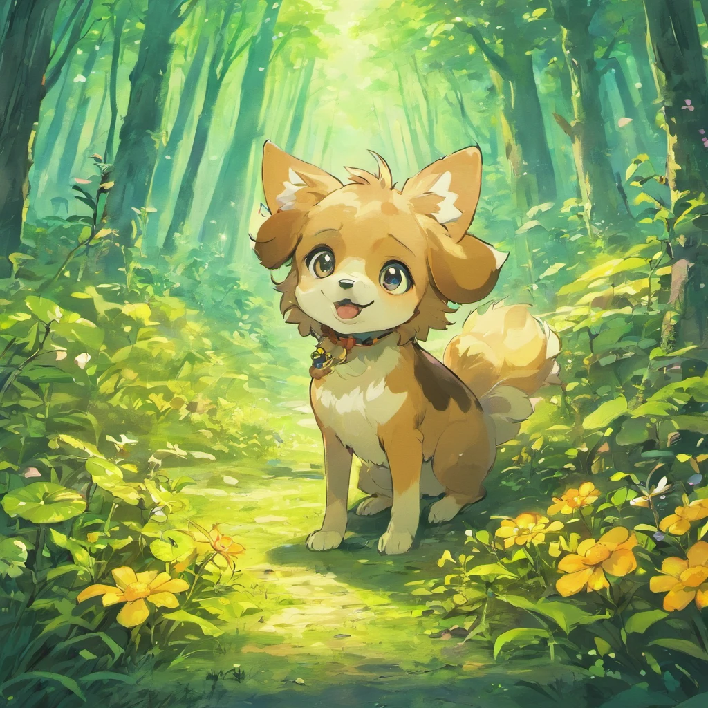 There is a small flower dog playing in the mushroom-covered forest