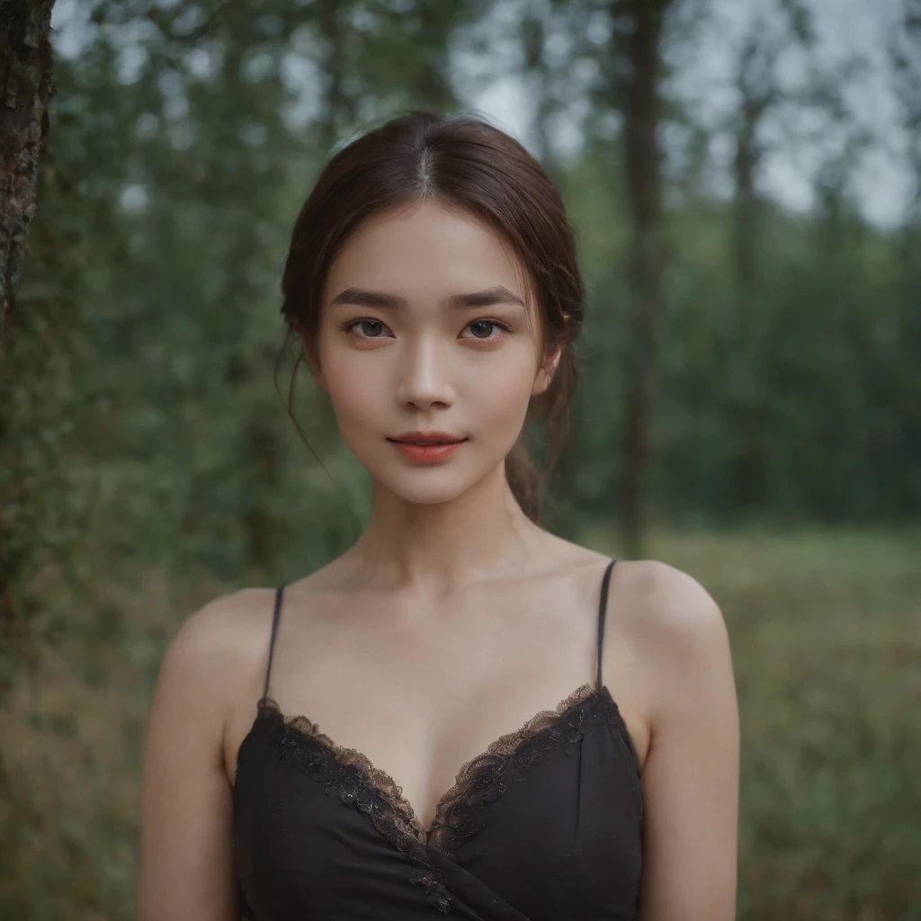 1girl in, Idol, modeled, depth of fields, a picture, filmg, faces, skiny, A smile, 鎖骨, tusk, movie, Naked, selfy, (Night:1.5),Pubic hair