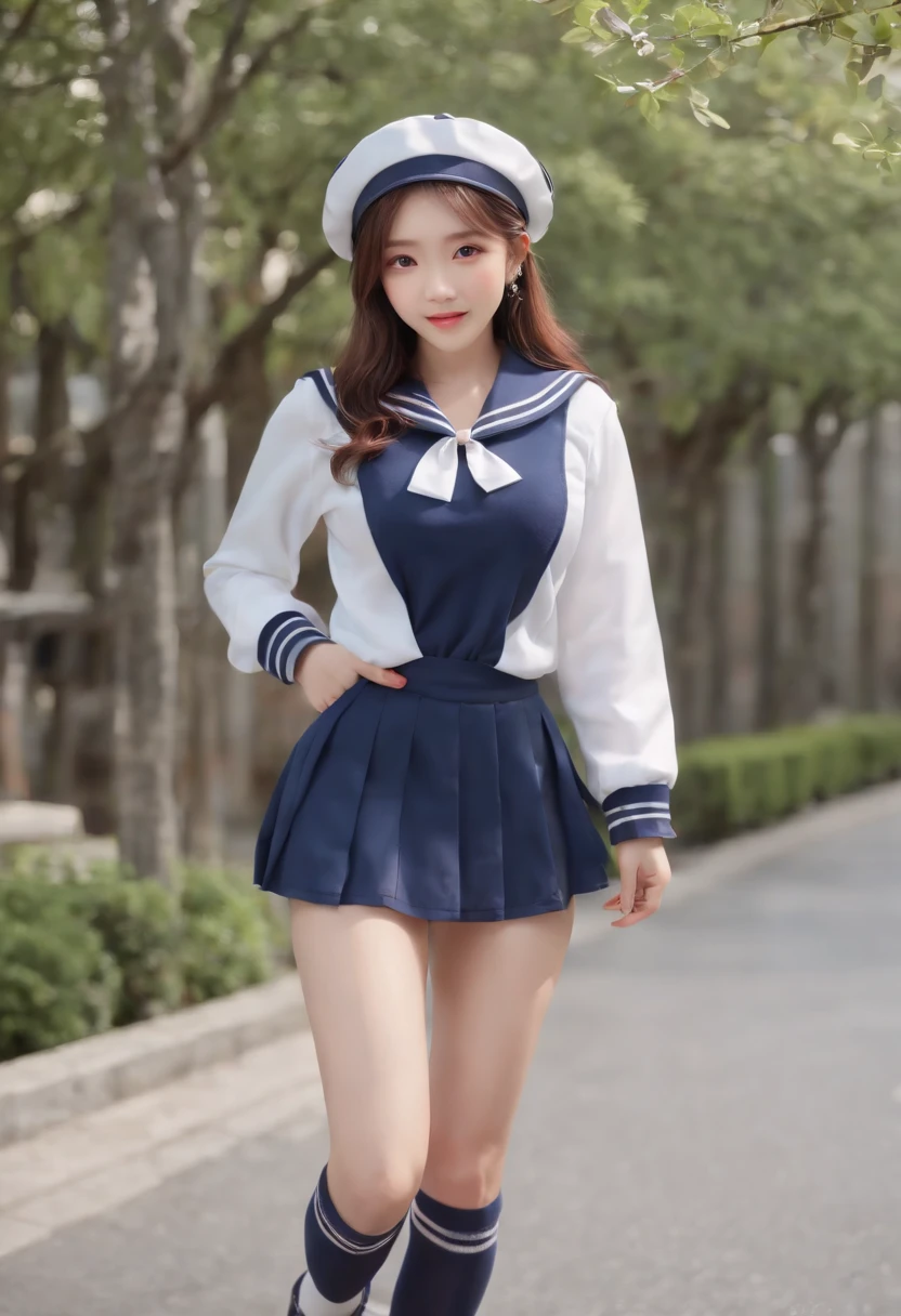 mix4, (16 K, Raw photography, Top image quality, masterpiece: 1.45), (realisitic, Photorealsitic: 1.37),A character called Nami who appears in the anime One Piece, 7.5, etc、Standing figure,cute little, A city scape,, profetional lighting, photon maping, Cityscape with street trees, physically-based renderingt, Gradient dark brown hair,, a handsome, Well-groomed and beautiful eyes、Large double eyelids、Very shiny、girl with, (((student clothes、Long sleeve sailor suit worn by Japan girl、red cuffs、Dark blue mini skirt, Small gray beret、Dark blue knee-high socks、Black loafers))), Top Quality Photos, hight resolution, 1080p, (clearface), (Detailed face description), (Detailed hand description), (masterpiece), (Exquisite CG)、extreme light and shadows、dishevled hair、master work、abundant detail、(Fine facial features)、(top quality photo)、(masuter piece)、(A detailed eye)、Look in front of you、Fine clavicle、((Slender big))、(((Japan schooln long-sleeved sailor suit)))、((Ready Idol System))、((Boulevard with street trees、Bus stop、timetable、Benches))、(Shooting from random perspectives)、(((Anyway cute)))、耳Nipple Ring、A big smile、Drawing the whole body from the knees、Do not draw nasolabial folds、(((shopping bags)))、(Big breasts that hang down big:0.7)、Big buttocks with tension、Two arms and two legs、(((from the front side:0.5)))、bare hand、