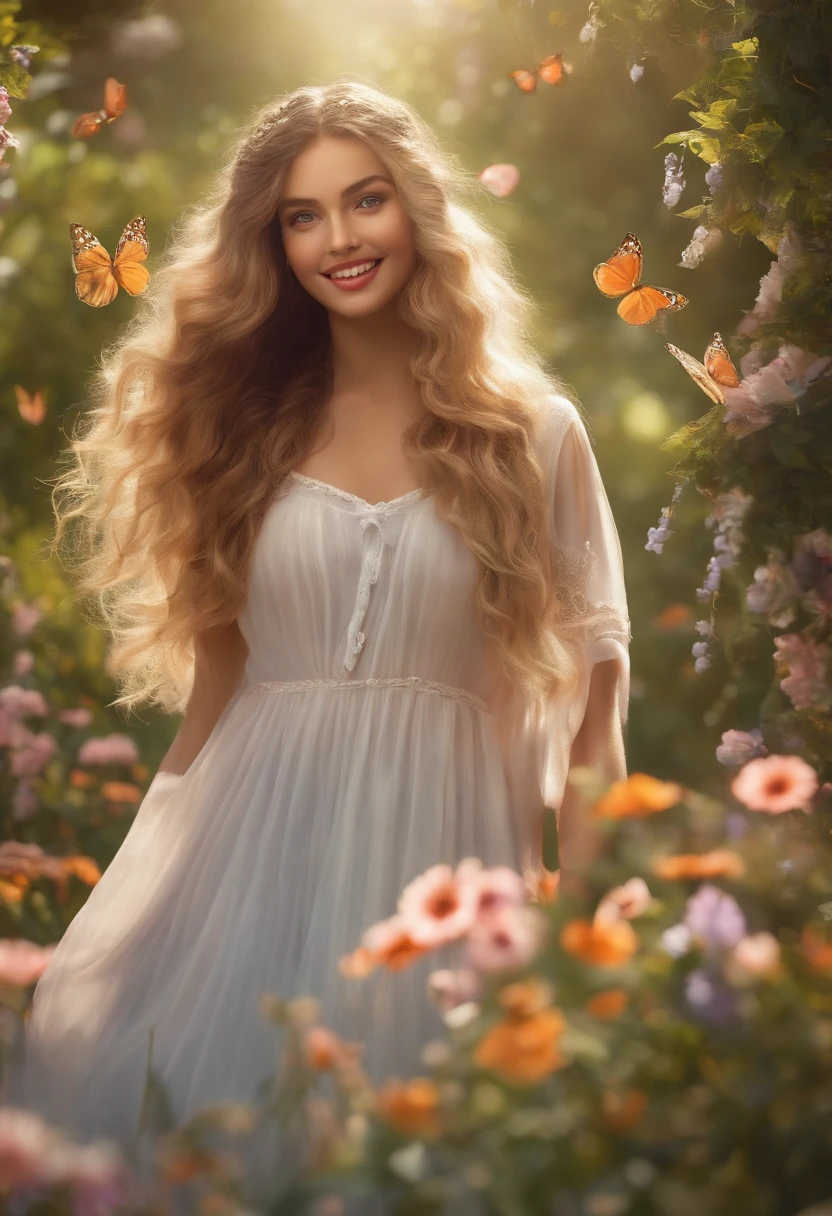 (best quality,4k,8k,highres,masterpiece:1.2),ultra-detailed,(realistic,photorealistic,photo-realistic:1.37),A mischievous girl with a teasing smile in a vibrant and colorful garden,beautiful detailed eyes,beautiful detailed lips,cheerful expression,twinkling eyes,playful and expressive face,flowing curly hair,1girl,blooming flowers and lush greenery around her,soft and dreamy lighting,fantasy-inspired setting,impressionistic brushstrokes,glowing sunlight filtering through the trees,dynamic composition,captivating and lively atmosphere,playful interaction with butterflies,magical and whimsical elements,intense and vibrant colors,pastel color palette,joyful and carefree mood,summer vibes,ethereal and otherworldly aura,happy and energetic pose,Surreal art style,hidden surprises and details,visual storytelling,delicate and intricate details,impressive depth and texture,realistic shadows and highlights,warm and inviting atmosphere.