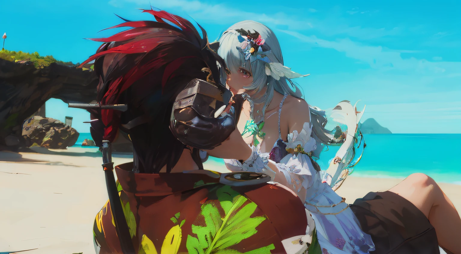 anime characters sitting on a beach with a blue sky in the background, slide show, capture, beautiful screenshot, from the azur lane videogame, sakimichan and frank franzzeta, kiss, hidari and vlop, kissing together cutely, beaching, 2 b, 2b, wlop and sakimichan, <mmorpgs scene